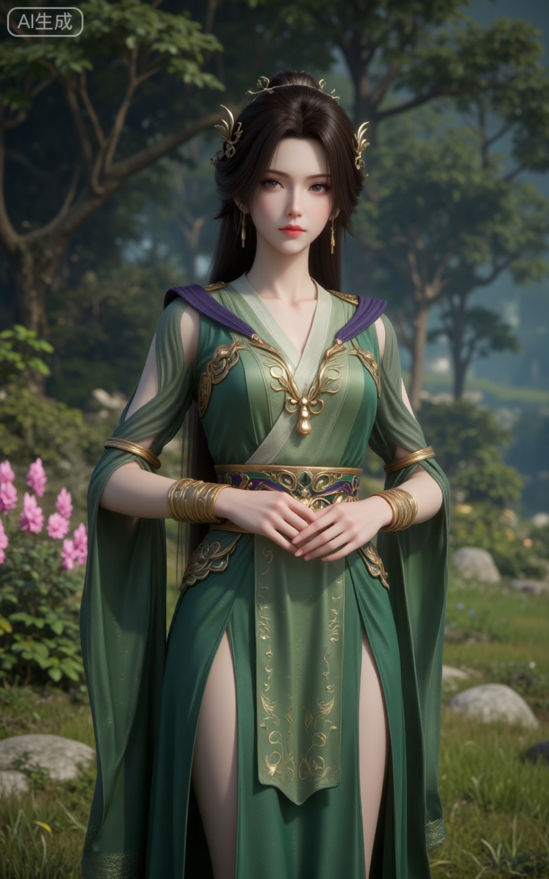 1girl, solo, green dress, upper body, brown hair, hair ornament, dress, long hair, closed mouth, tree, blurry background, hands on own hips, jewelry, outdoors, flower, realistic, brown eyes, grass, blurry,
lvjing,pifu,guanghuapifu,
blurry_background,tree,flowes,xiaoxuner,hanyunzhi