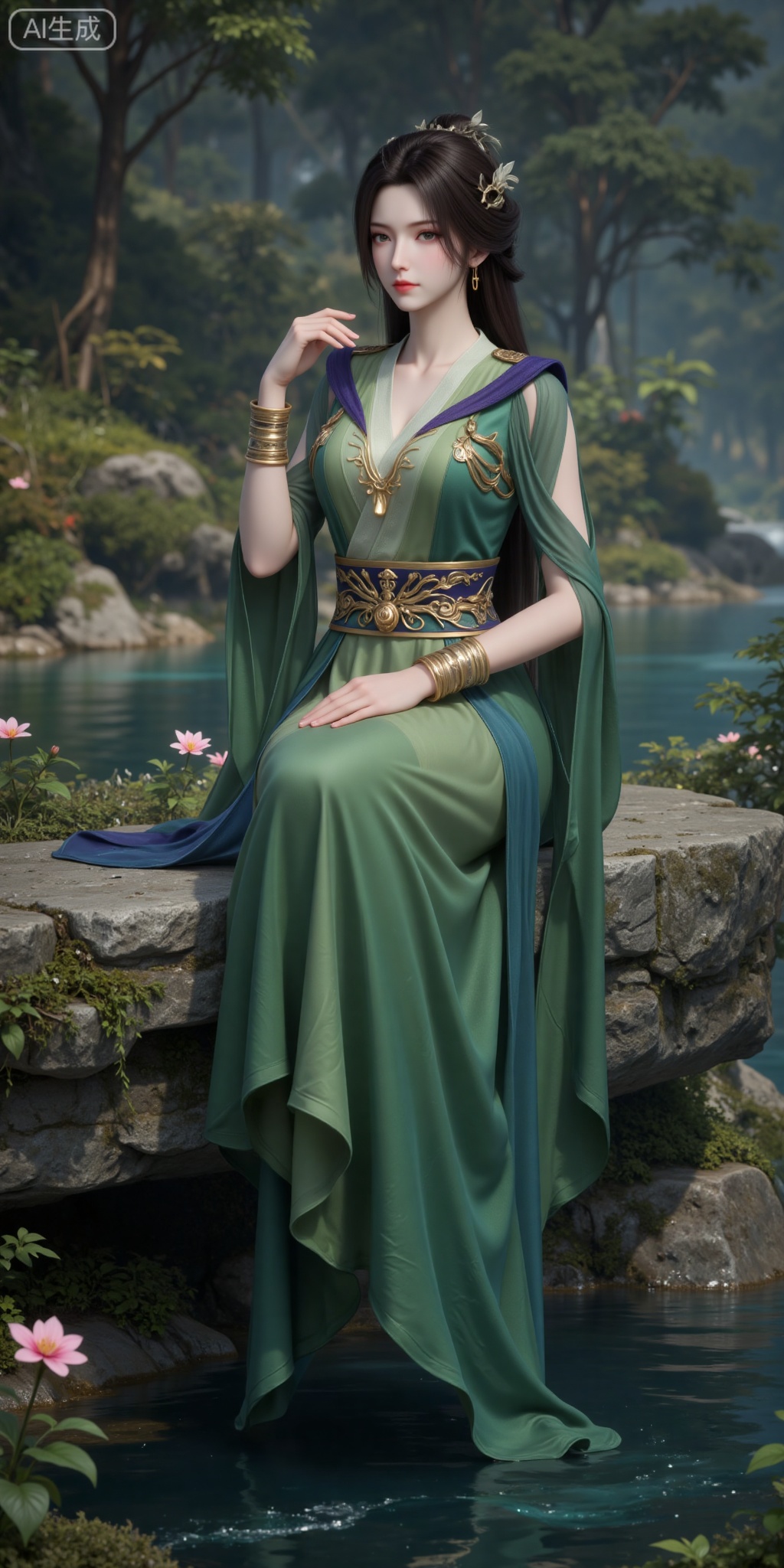 1girl, solo, green dress, dress, water, long hair, hair ornament, jewelry, rock, bracelet, flower, brown hair, nature, black hair, tree, full body, outdoors, forest, sash,hand up,
lvjing,pifu,guanghuapifu,sitting,stone,
blurry_background,tree,flowes,xiaoxuner,hanyunzhi