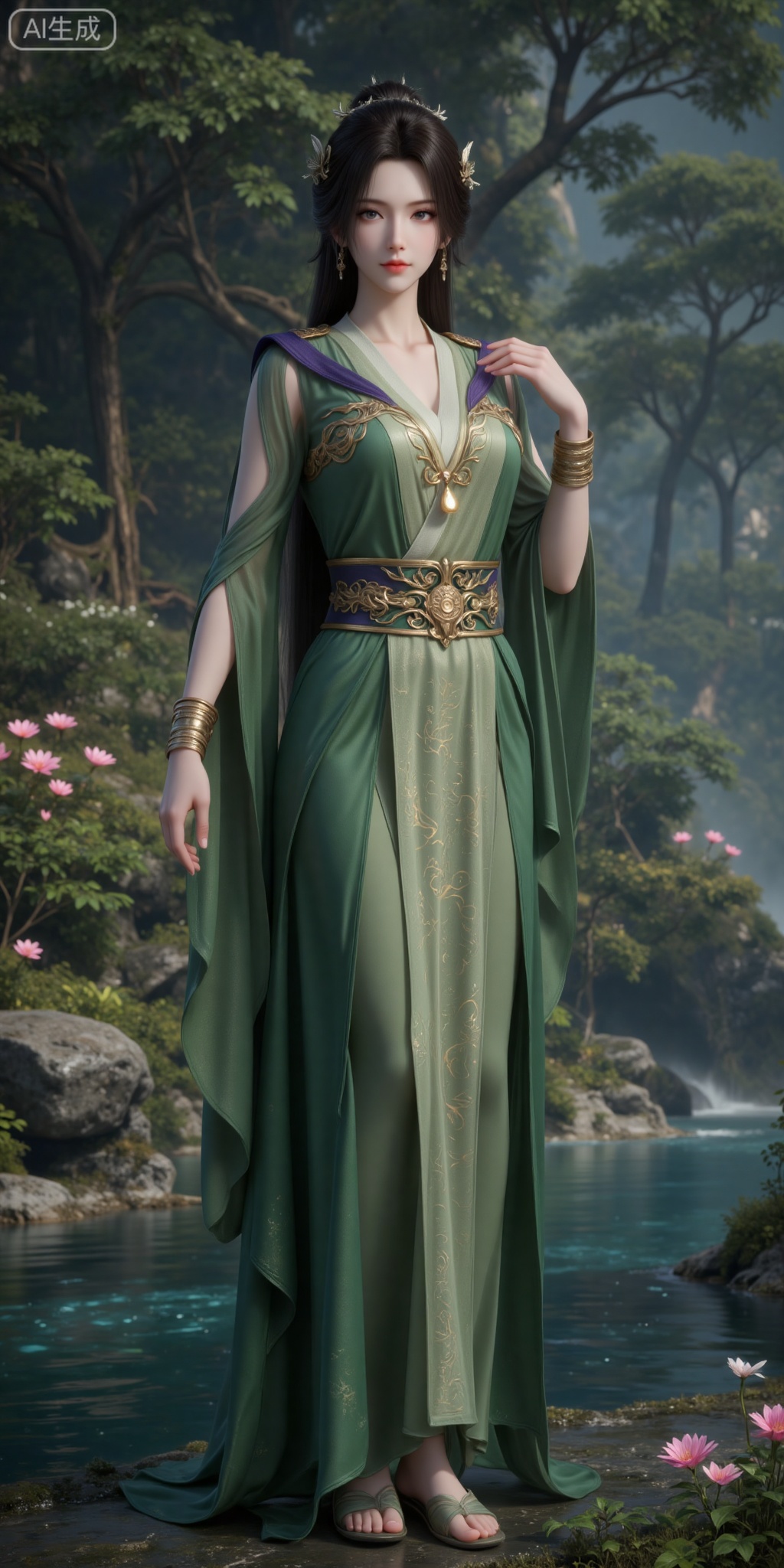 1girl, solo, green dress, dress, water, long hair, hair ornament, jewelry, rock, bracelet, flower, brown hair, nature, black hair, tree, full body, standing, outdoors, forest, sash,hand up,
lvjing,pifu,guanghuapifu,
blurry_background,tree,flowes,xiaoxuner,hanyunzhi