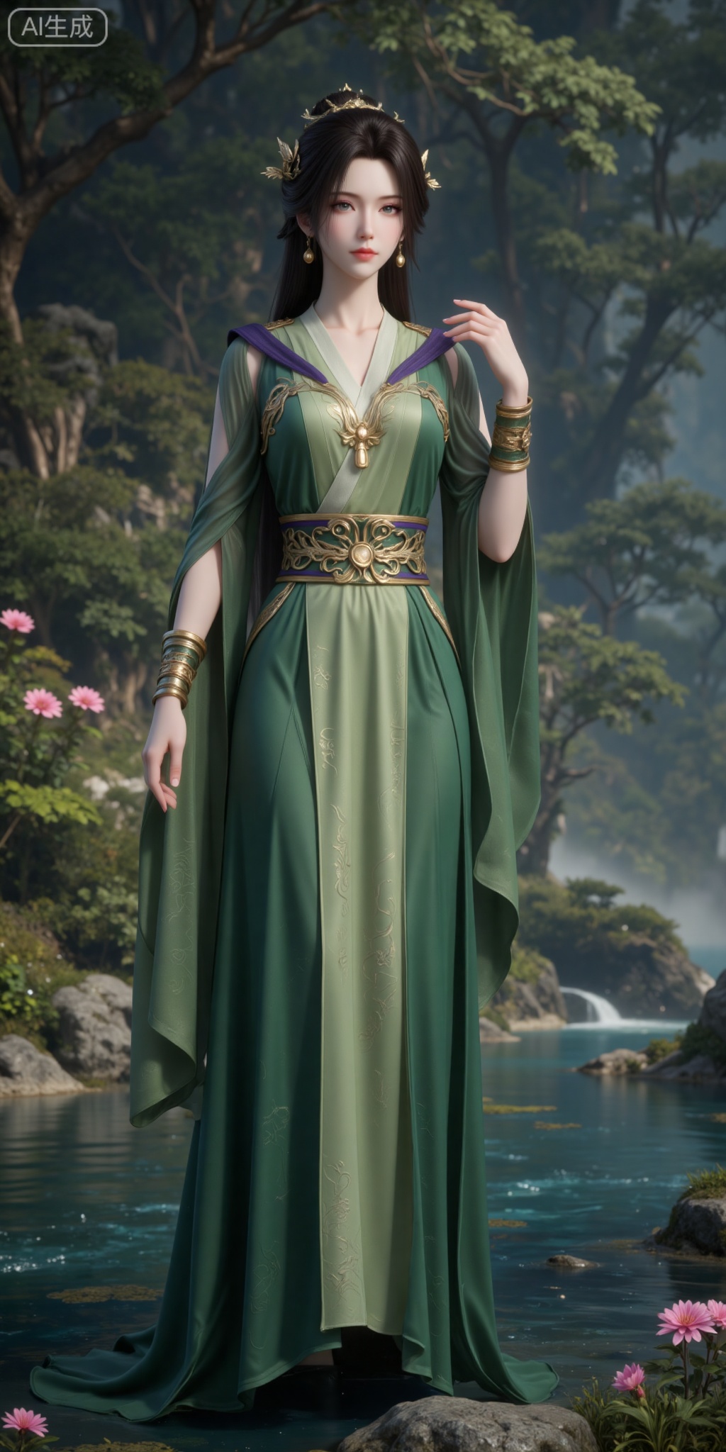 1girl, solo, green dress, dress, water, long hair, hair ornament, jewelry, rock, bracelet, flower, brown hair, nature, black hair, tree, full body, standing, outdoors, forest, sash,hand up,
lvjing,pifu,guanghuapifu,
blurry_background,tree,flowes,xiaoxuner,hanyunzhi