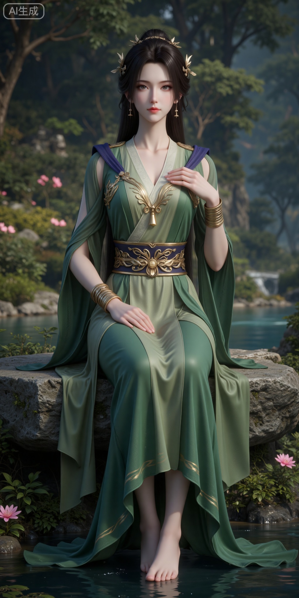 1girl, solo, green dress, dress, water, long hair, hair ornament, jewelry, rock, bracelet, flower, brown hair, nature, black hair, tree, full body, outdoors, forest, sash,hand up,
lvjing,pifu,guanghuapifu,sitting,stone,cross legs,
blurry_background,tree,flowes,xiaoxuner,hanyunzhi