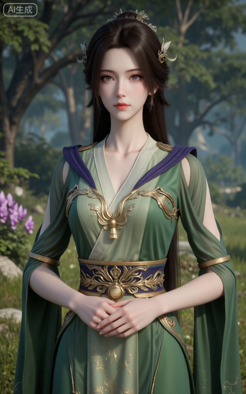 1girl, solo, green dress, upper body, brown hair, hair ornament, dress, long hair, closed mouth, tree, blurry background, hands on own hips, jewelry, outdoors, flower, realistic, brown eyes, grass, blurry,
lvjing,pifu,guanghuapifu,
blurry_background,tree,flowes,xiaoxuner,hanyunzhi