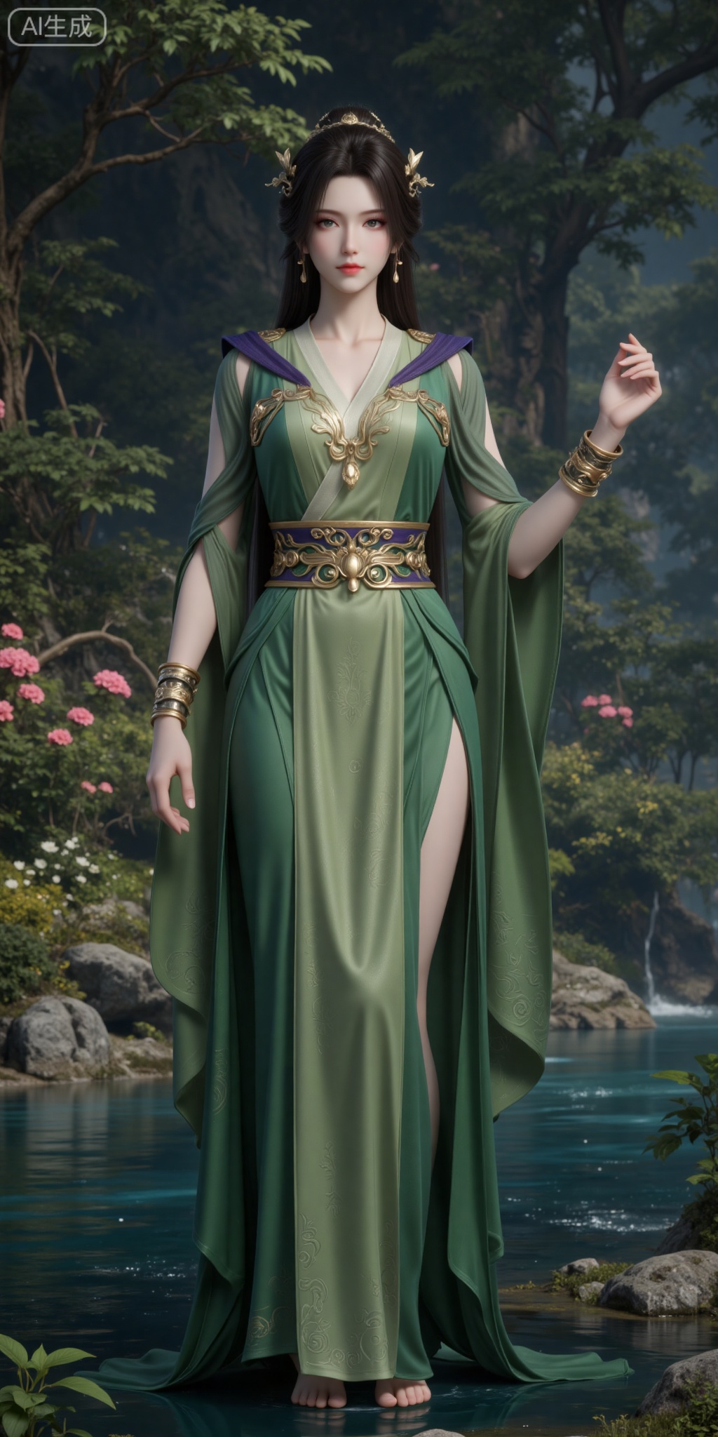 1girl, solo, green dress, dress, water, long hair, hair ornament, jewelry, rock, bracelet, flower, brown hair, nature, black hair, tree, full body, standing, outdoors, forest, sash,hand up,
lvjing,pifu,guanghuapifu,
blurry_background,tree,flowes,xiaoxuner,hanyunzhi