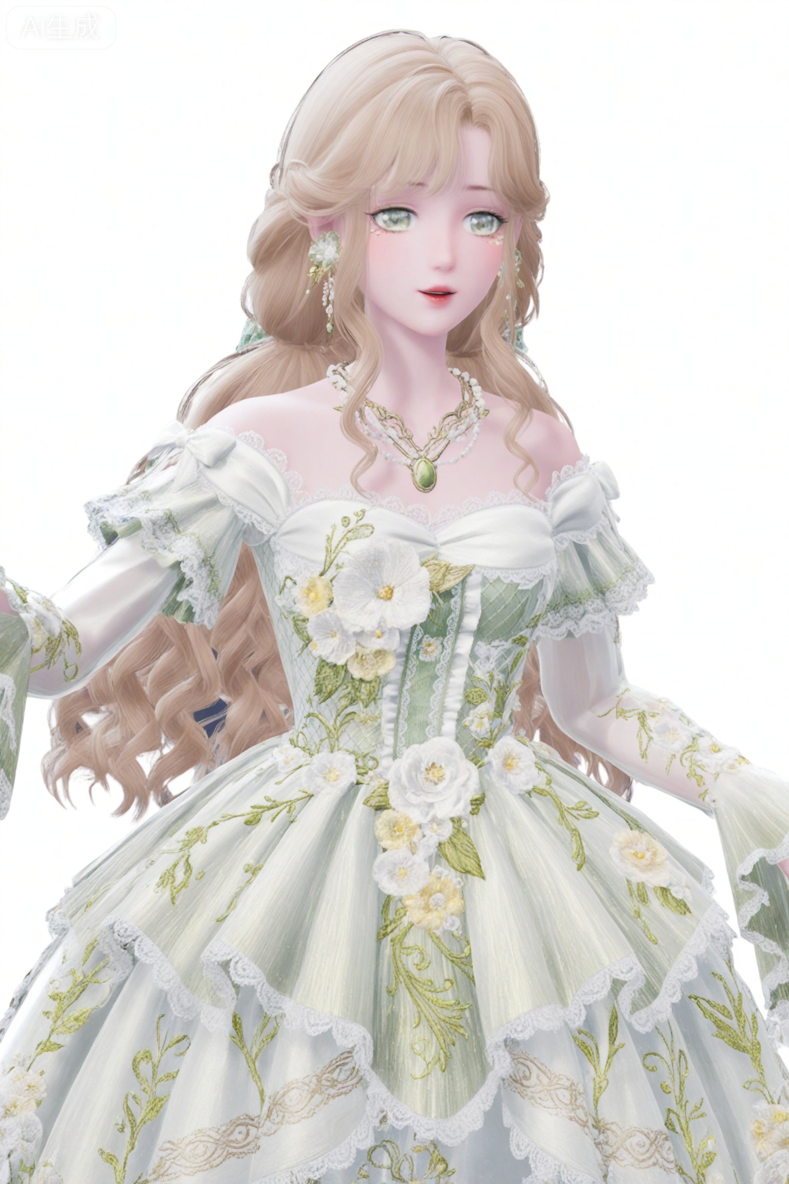 1girl, solo, long hair, looking at viewer, bangs, blonde hair, dress, bare shoulders, jewelry, green eyes, flower, cowboy shot, earrings, frills, parted lips, necklace, off shoulder, white dress, wavy hair, floral print, white flower, lace trim, lace, green dress, off-shoulder dress, lace-trimmed dress, flower earrings