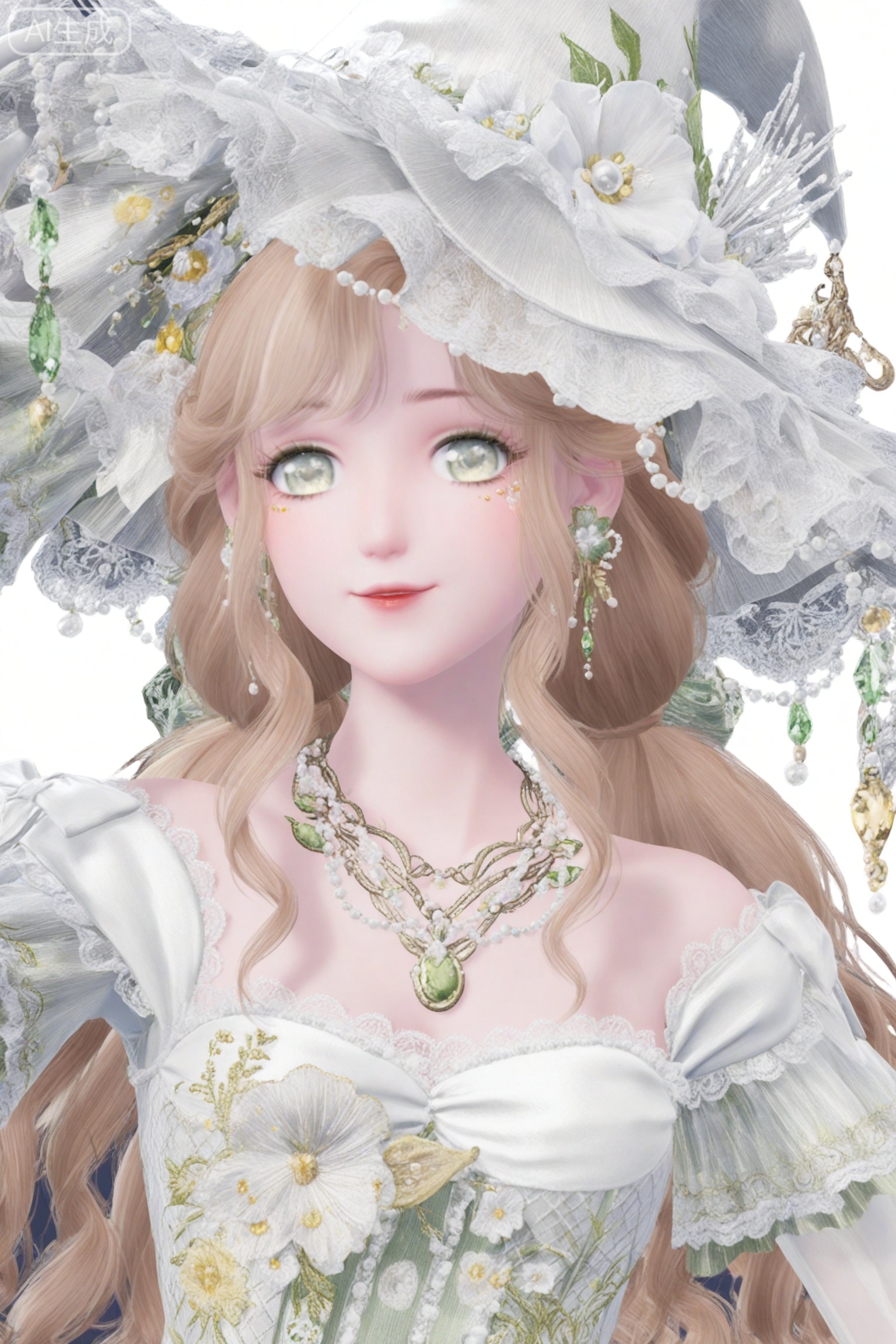 1girl, solo, long hair, looking at viewer, smile, blonde hair, brown hair, gloves, hat, dress, jewelry, green eyes, flower, earrings, hair flower, necklace, white dress, witch hat, floral print, white flower, gem, lace, witch