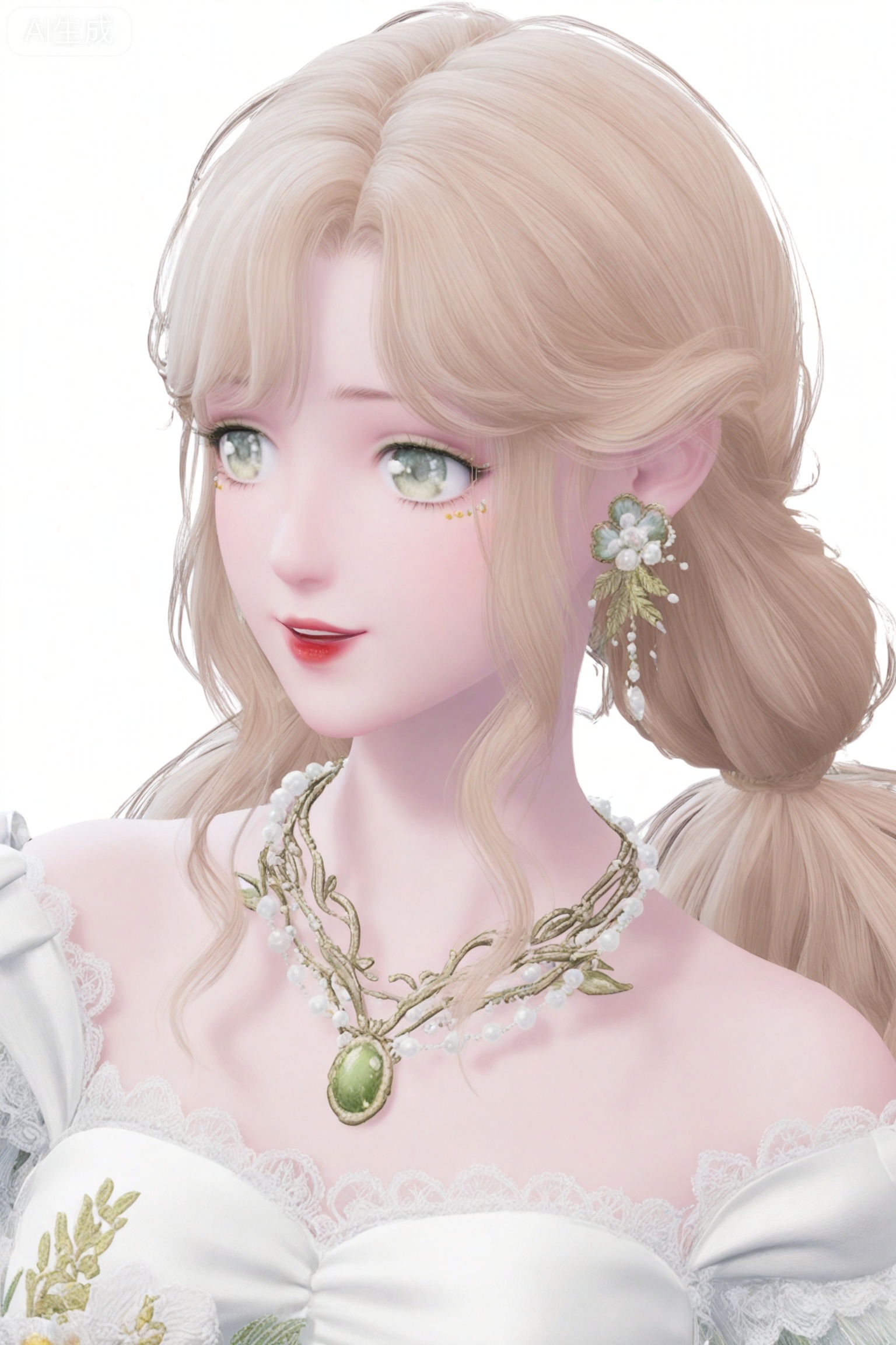 1girl, solo, long hair, smile, bangs, blonde hair, dress, bare shoulders, twintails, jewelry, green eyes, upper body, earrings, parted lips, necklace, looking to the side, makeup, looking away, lace trim, lace, red lips