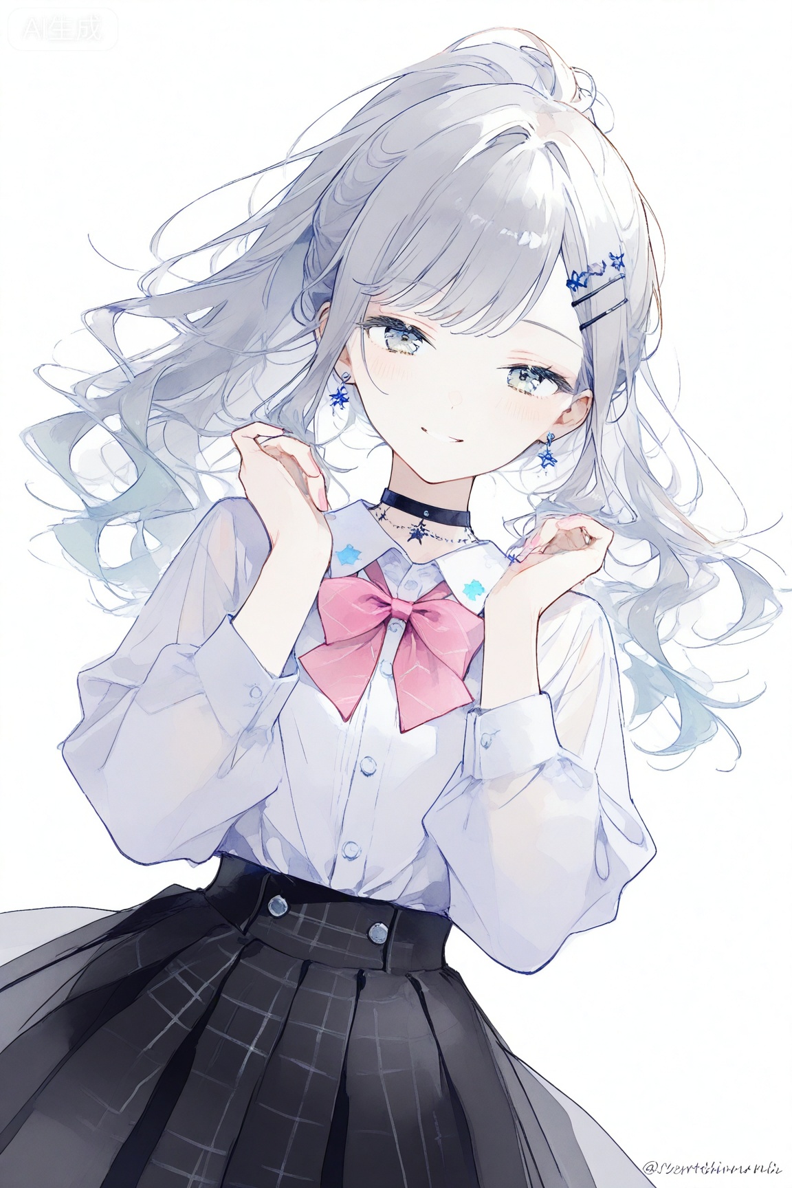 yrthrhuuu, 
dynamic mid-air composition, lively texture, transparent colors, 
1girl, white shirt, jewelry, looking at viewer, ponytail, skirt, cowboy shot, bowtie, star \(symbol\), nail polish, fingernails, swept bangs, official alternate costume, long sleeves, double-parted bangs, official alternate hairstyle, solo, earrings, shirt, plaid, ribbon, hair ornament, hands up, head tilt, pink bow, pink nails, notebook, collared shirt, black skirt, wavy hair, plaid skirt, pleated skirt, school uniform, bow, blush, neck ribbon, grey eyes, buttons, gradient clothes, long hair, blue ribbon, hairclip, holding notebook, dress shirt, pink bowtie, holding, star hair ornament, black choker, smile, 
hong ni of dreams \(project sekai\), parted lips, choker, grey hair, 
subtle watercolor gradients, sense of weightless motion, 
very awa, masterpiece, best quality, newest, aesthetic, highres, absurdres, watercolor \(medium\), safe