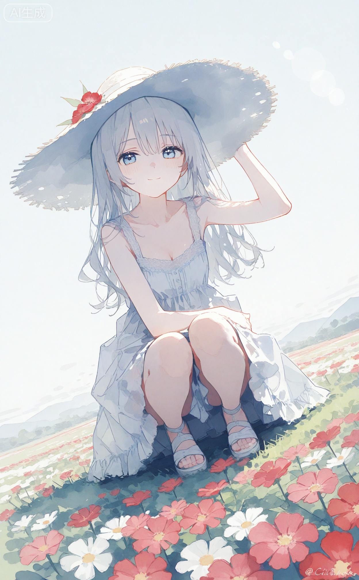 masterpiece,very aware,highres,absurdres,newest,best quality,high quality,loli,petite,chromatic_aberration,
Light Blue Theme,lens_flare,dynamic_angle,cinematic_angle,photorealistic,
yrthrhuuu, dynamic mid-air composition, transparent colors, watercolor \(medium\), faux traditional media,
artist:ciloranko,artist:tianliangduohefangdongye,
1girl, solo, long hair, breasts, looking at viewer, blush, smile, bangs, blue eyes, hat, dress, cleavage, hair between eyes, bare shoulders, medium breasts, closed mouth, collarbone, flower, grey hair, small breasts, outdoors, day, white dress, arm up, sleeveless dress, wavy hair, sandals, squatting, white footwear, grass, white flower, red flower, sun hat, straw hat, hat flower, hand on headwear, field, flower field