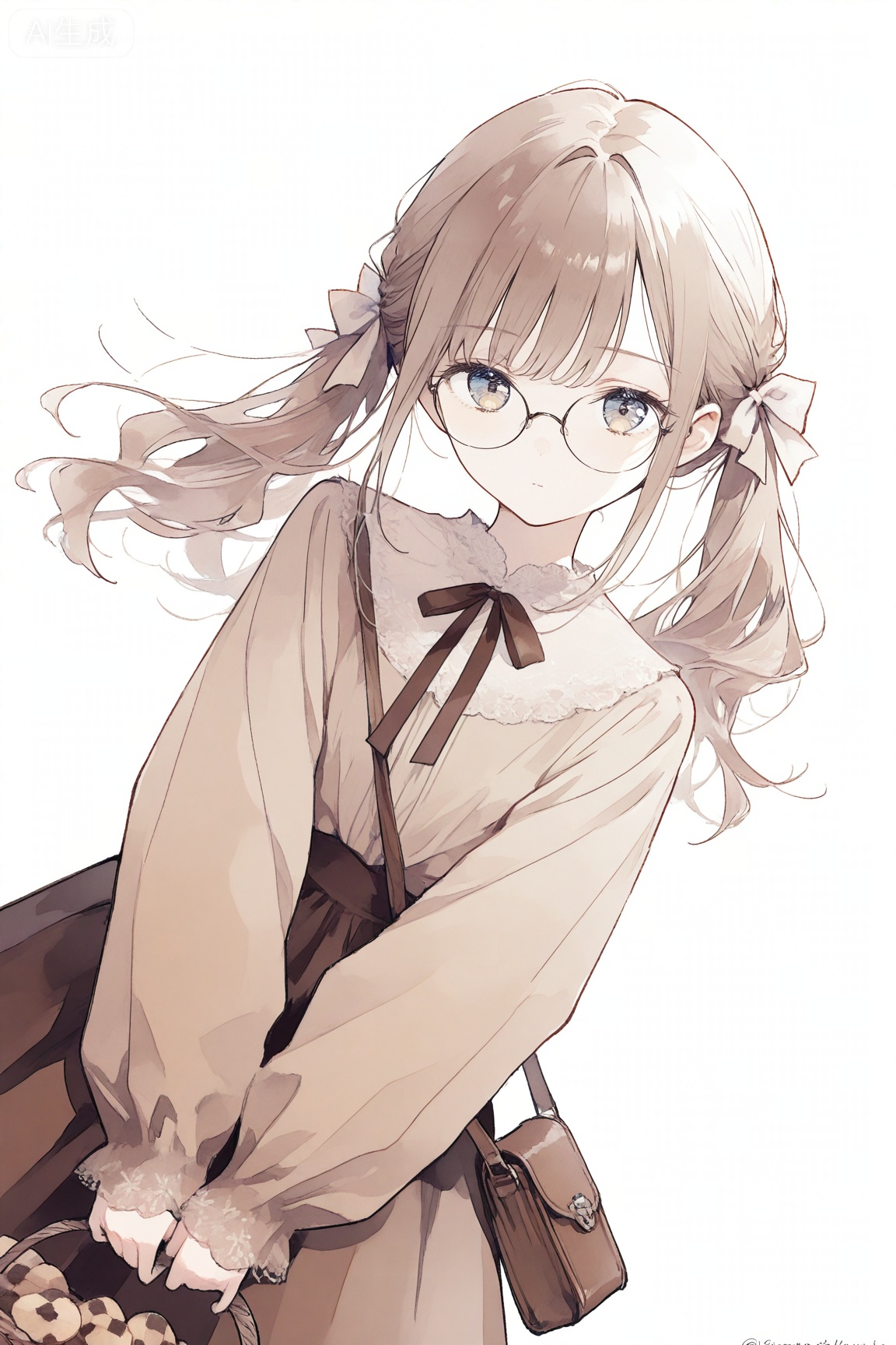 yrthrhuuu, 
dynamic mid-air composition, lively texture, transparent colors, 
dynamic angle,cinematic angle,
1girl,bag,basket,bow,brown bag,brown hair,brown ribbon,brown shirt,brown skirt,closed mouth,cookie,cowboy shot,food,glasses,hair bow,holding,holding basket,long hair,long sleeves,looking at viewer,neck ribbon,ribbon,round eyewear,shirt,shoulder bag,skirt,sleeves past wrists,solo,twintails,v arms,white bow,white background, 
subtle watercolor gradients, sense of weightless motion, 
very awa, masterpiece, best quality, newest, aesthetic, highres, absurdres, watercolor \(medium\), safe