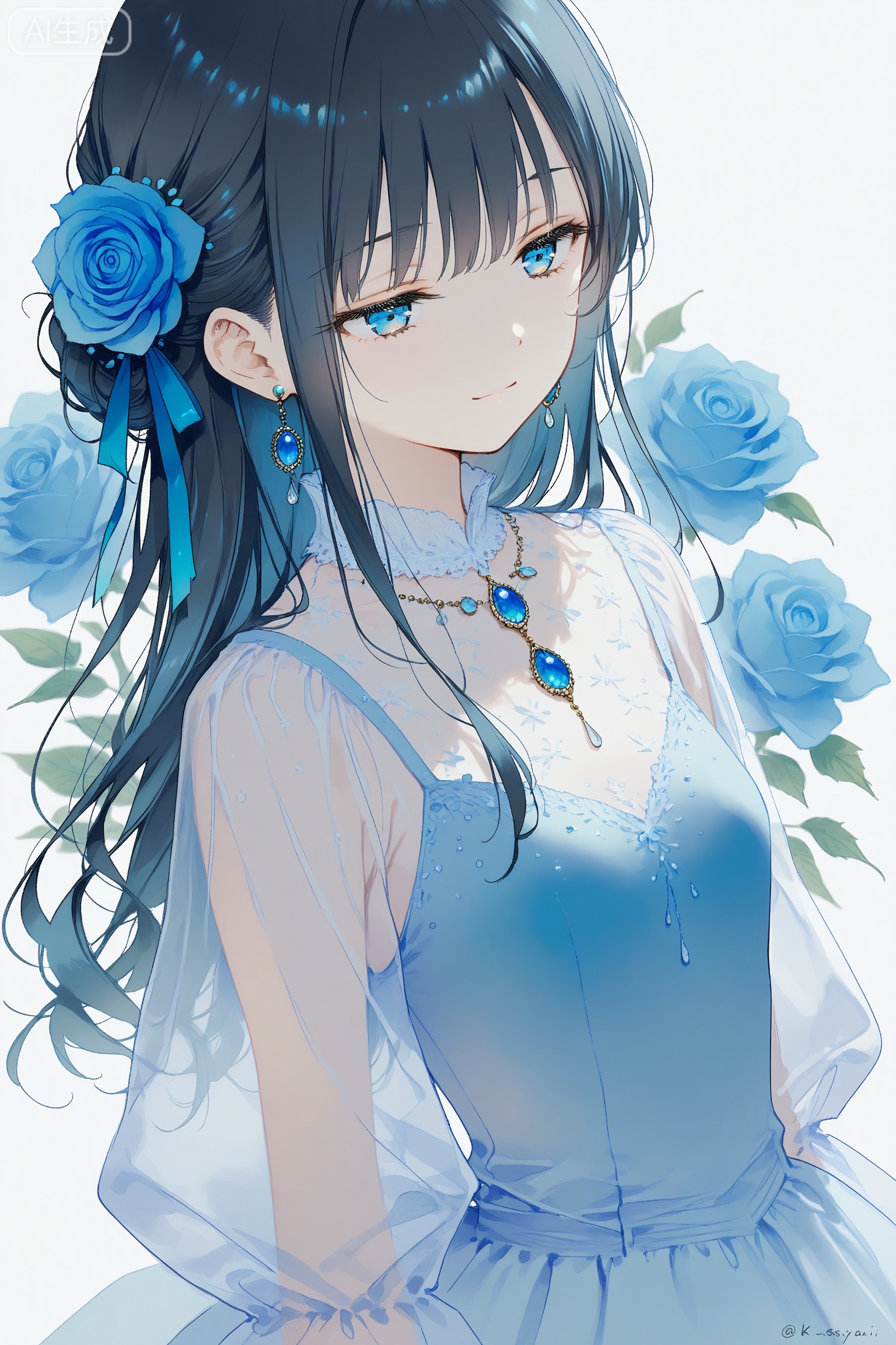 masterpiece,absurdres,best quality,high quality,chromatic_aberration, 
yrthrhuuu, transparent colors, watercolor \(medium\), faux traditional media, 
1girl, solo, hair ornament, flower, blue eyes, jewelry, blue flower, hair flower, earrings, dress, upper body, blue dress, smile, blue rose, see-through, blue gemstone, closed mouth, rose, hair bun, necklace, breasts, gem, blue hair, single sidelock, blurry, blue ribbon, white background, small breasts, ribbon, long hair, black hair, blurry background, long sleeves, see-through sleeves, single hair bun, blue theme, sidelocks, hair ribbon, light smile, see-through dress,
photorealistic,
Artist:na-ga,(quasarcake:0.2),(wanke:0.9),[Artist:chen bin],Artist:tidsean,[Artist:sk (askzy)],(artist:tokkyu:0.5),(artist:momoko \(momopoco\):0.5),himitsu_(hi_mi_tsu_2),

