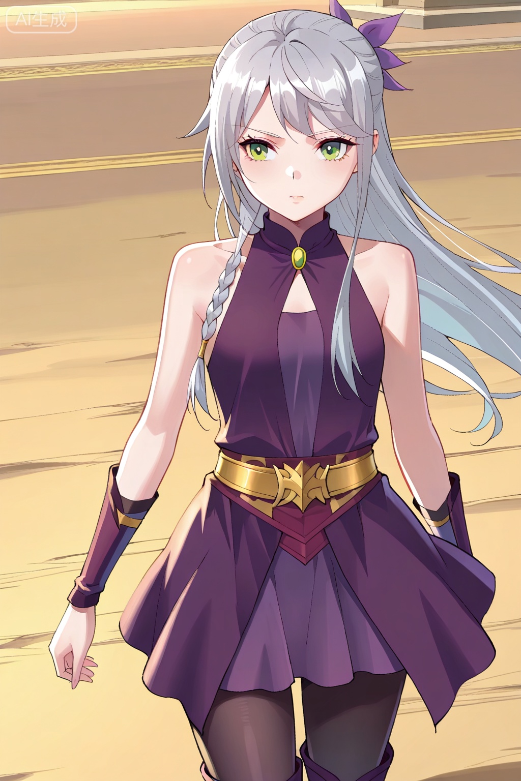 叶琉璃,1girl, solo, gray hair, loose hair, long hair, small braid, green eyes, small breasts,purple dress, short skirt, black tights, purple boots, sleeveless dress, bare shoulders, gold belt,