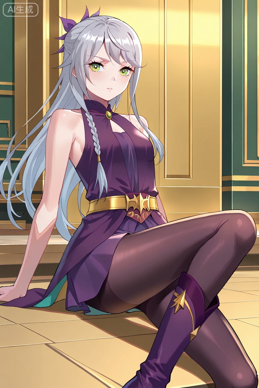 叶琉璃,1girl, solo, gray hair, loose hair, long hair, small braid, green eyes, small breasts,purple dress, short skirt, black tights, purple boots, sleeveless dress, bare shoulders, gold belt,