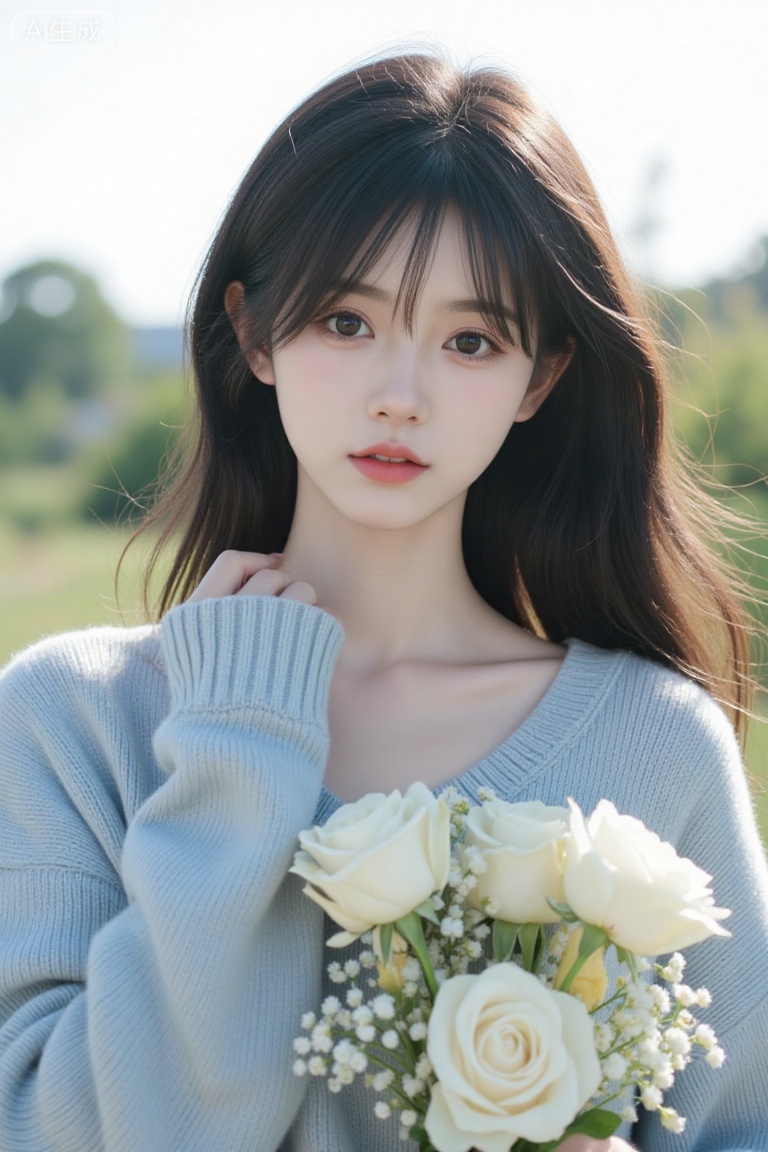 Fujifilm-style portrait: a young woman with long black hair, wearing a light blue sweater. She is holding a bouquet of flowers, which includes white roses and small white and yellow flowers. The background is blurred, featuring a mix of greenery and a bright, sunny sky, suggesting an outdoor setting,fine film grain,soft light,youran
