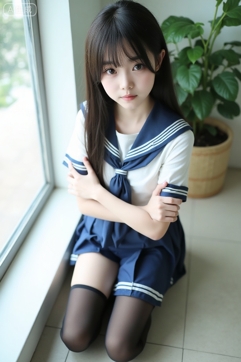 The image shows a young woman sitting on the floor near a window. She is wearing a blue and white sailor-style school unif...