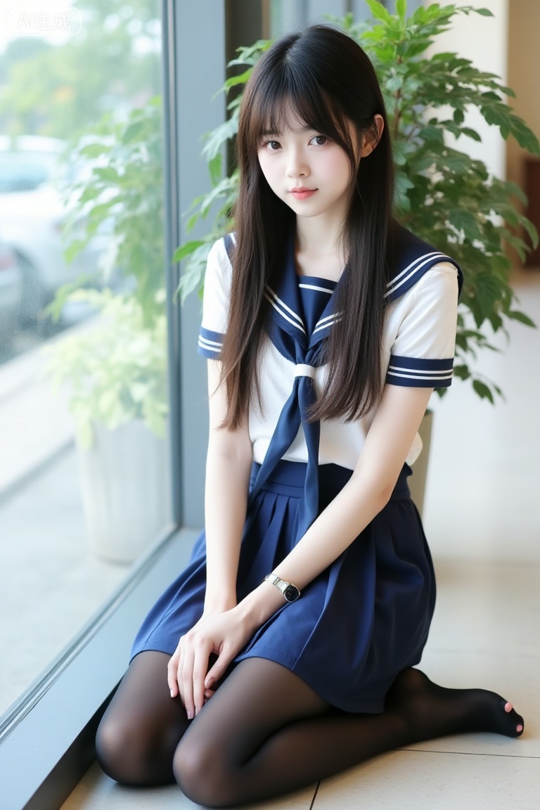 The image shows a young woman sitting on the floor near a window. She is wearing a blue and white sailor-style school uniform with a skirt and a short-sleeved top,and black pantyhose. Her long, straight hair is parted down the middle, and she has a neutral expression on her face. She is barefoot, with her legs crossed in front of her. The floor appears to be tiled, and there is a large window to her left. In the background, there is a potted plant with green leaves and a blurred view of a room, suggesting an indoor setting. The lighting is soft and natural, creating a calm and serene atmosphere.