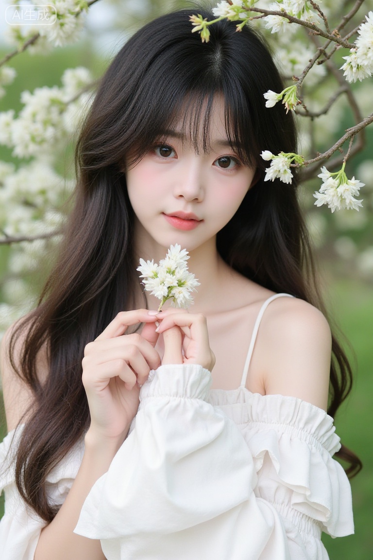 The image shows a young woman with long, wavy, dark hair, wearing a white off-shoulder top with ruffled details. She is standing outdoors, with a tree in the background that has small white flowers. The woman is holding a small white flower close to her face, and her expression is gentle and serene. The lighting is soft and natural, suggesting it might be taken during the daytime. The overall atmosphere is peaceful and natural.,youran