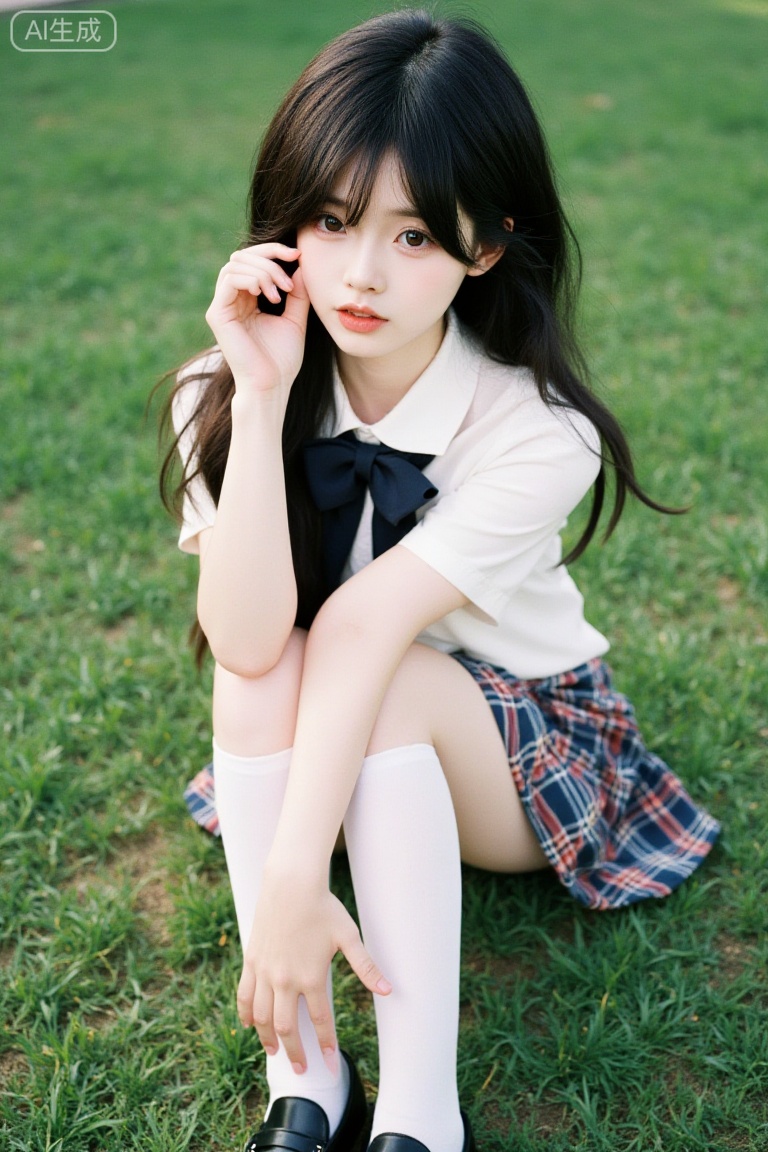 Fujifilm-style portrait:youran,a young woman with long black hair, sitting on the lawn. Full-body view from above showing medium breasts fill the crisp white fabric,school uniform: collared white shirt with short sleeves, a plaid skirt,bowtie. Wears white pantyhose and black loafers. One hand resting on face. Outdoor photo background with clear shoe details. Hyper-realistic texture and lighting.50 mm f1.4, Kodak Portra 400, soft box key light,Fujicolor, cinematic teal-orange, low contrast