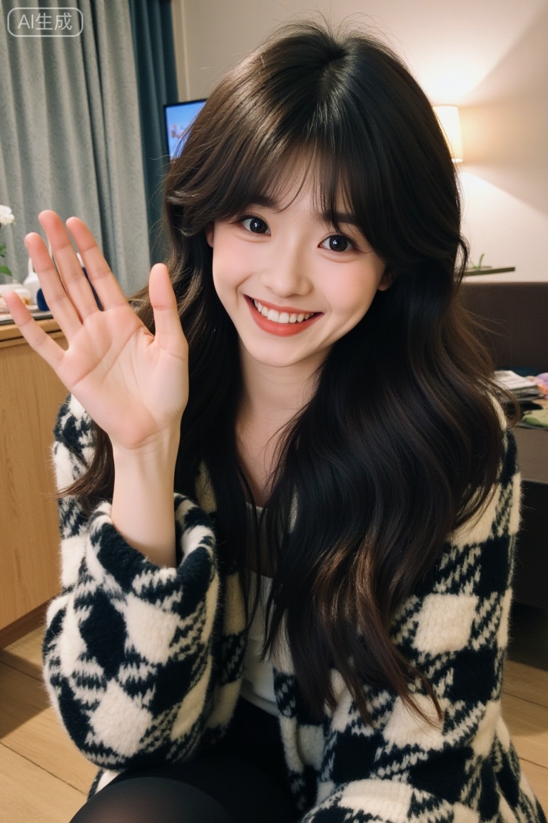 Fujifilm-style portrait:youran,a young woman with long dark wavy hair,wearing a black and white patterned coat,waves at the camera,in a cozy indoor setting,fine film grain,soft light