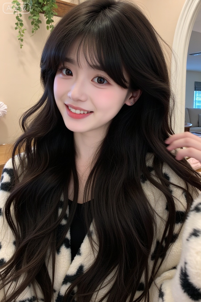 Fujifilm-style portrait:youran,a young woman with long dark wavy hair,wearing a black and white patterned coat,waves at the camera,in a cozy indoor setting,fine film grain,soft light
