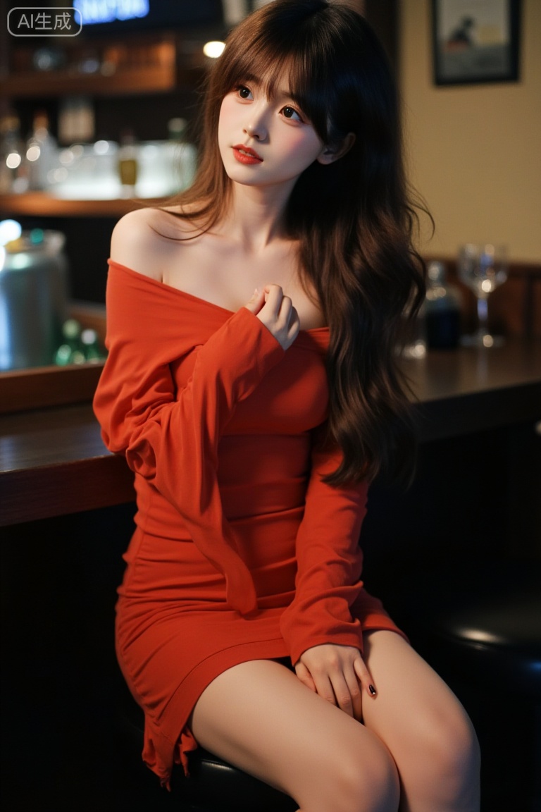 Fujifilm-style portrait:youran,A photograph of a young woman with long brown hair, sitting on a black stool in a dimly lit bar. She is wearing a tight, off-the-shoulder, red dress that accentuates her slender figure. Her hands are resting on her thighs, and she is looking over her shoulder with a seductive expression. The background is blurred, but it appears to be a bar with a counter and various bottles and glasses. The lighting is soft and warm, creating a cozy atmosphere.Her body is in a graceful S-shaped,medium breasts,hip,50 mm f1.4, Kodak Portra 400, soft box key light,Fujicolor, cinematic teal-orange, low contrast