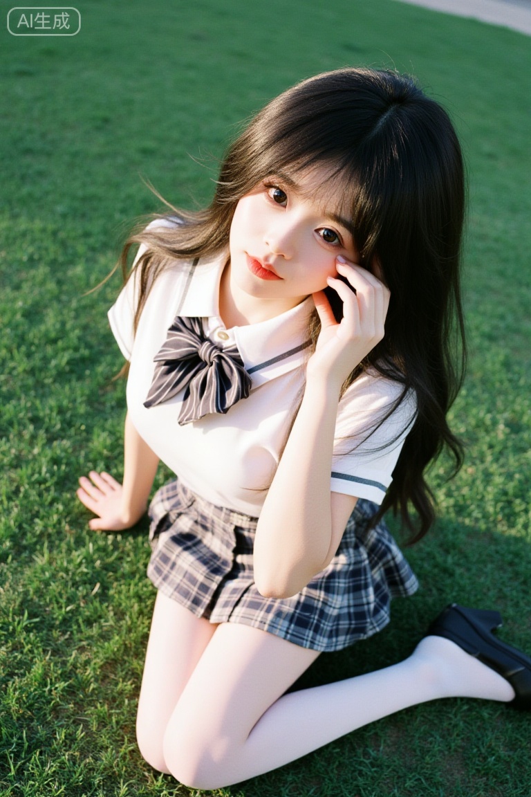 Fujifilm-style portrait:youran,a young woman with long black hair, lying on the lawn. Full-body view from above showing medium breasts fill the crisp white fabric,school uniform: collared white shirt with short sleeves, a plaid skirt,bowtie. Wears white pantyhose and black loafers. One hand resting on face. Outdoor photo background with clear shoe details. Hyper-realistic texture and lighting.50 mm f1.4, Kodak Portra 400, soft box key light,Fujicolor, cinematic teal-orange, low contrast