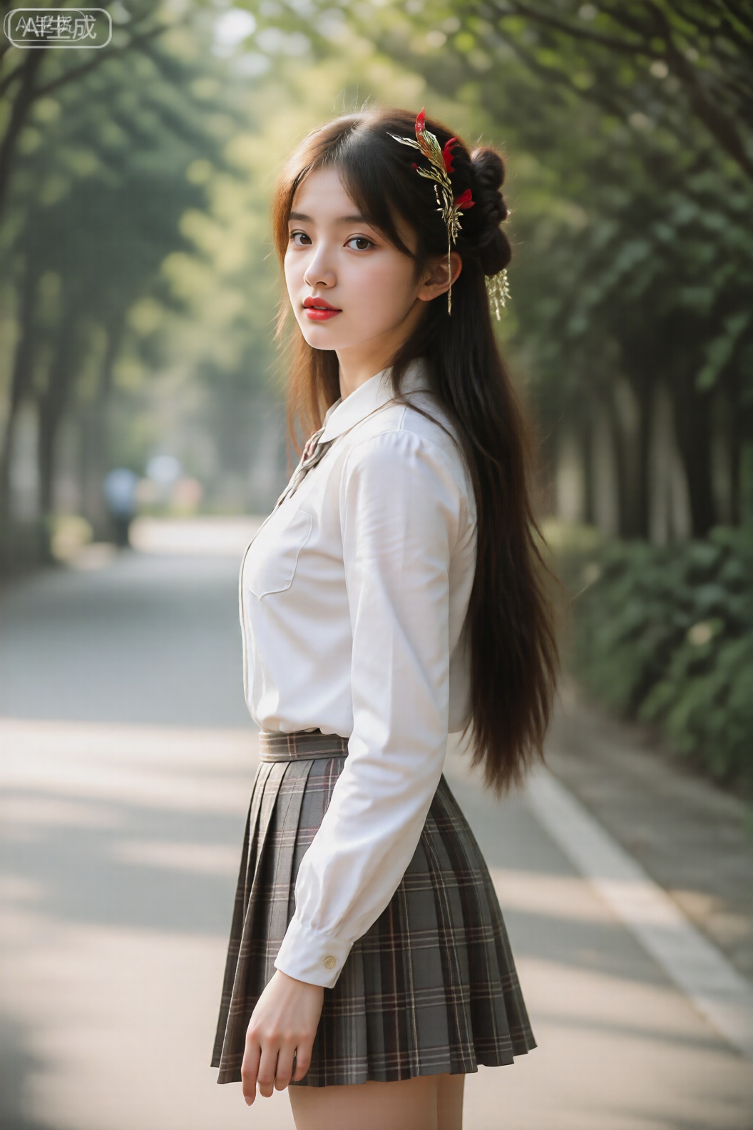 从头到膝盖高度照片,她有一头长长的深色头发,盘起精致的发髻,并饰有精致的金色和红色花卉配饰。她的妆容一丝不苟,色调柔和自然,搭配大胆的红色唇膏。
 ,真人摄影,一位清纯的初恋学妹女友,在清晨的林荫道上,阳光透过树叶形成斑驳的光影,洒在她柔顺的长发和白皙的脸庞上,她穿着干净的白色衬衫和格纹短裙,眼神清澈充满活力,背景是模糊的绿色植物,突出人物主体,精致的壁纸风格, ,细节锐利,皮肤纹理细腻,发丝分明,
镜头参数： Canon EOS R5,RF 85mm f/1.2L,光圈f/1.8,快门1/500s,ISO 100,