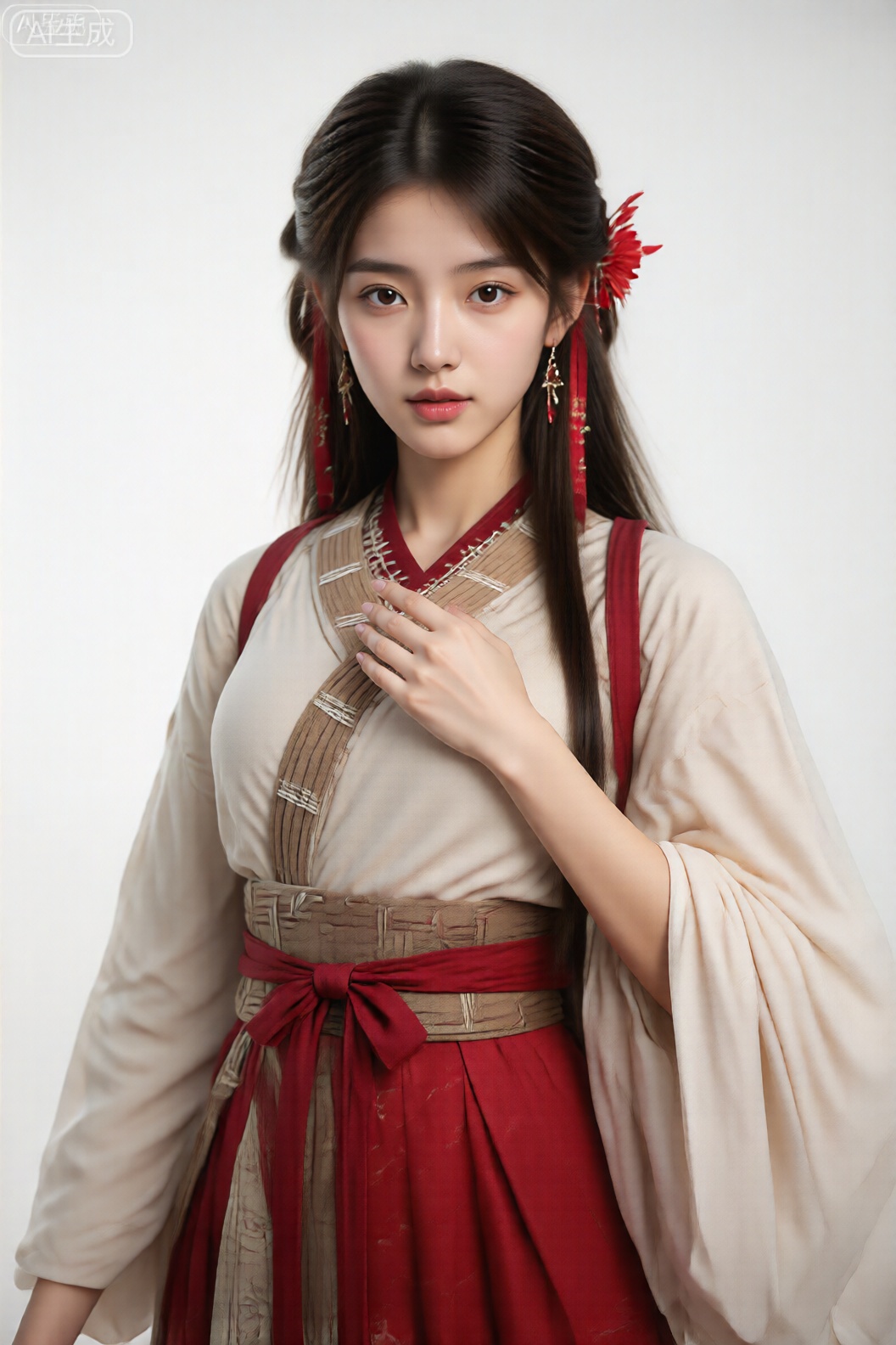 该图像描绘了一位身着传统服装的年轻女子,她的头发又长又黑,造型整齐,头上戴着一朵红色的花饰。她戴着长长的、悬垂的红色耳环,设计复杂。 她的服装包括一件奶油色长袖上衣,宽大、飘逸的袖子在袖口处收拢。在顶部,她的腰间系着一条红色腰带,还有一条米色和红色图案的腰带来固定腰带。她的下半身是一条带有微妙图案的红色裙子。整体服装散发出一种历史或文化氛围,可能是受到东亚时尚的启发。 。整体构图均衡,主体位于中心位置,将注意力集中在她的服装和表情上。
