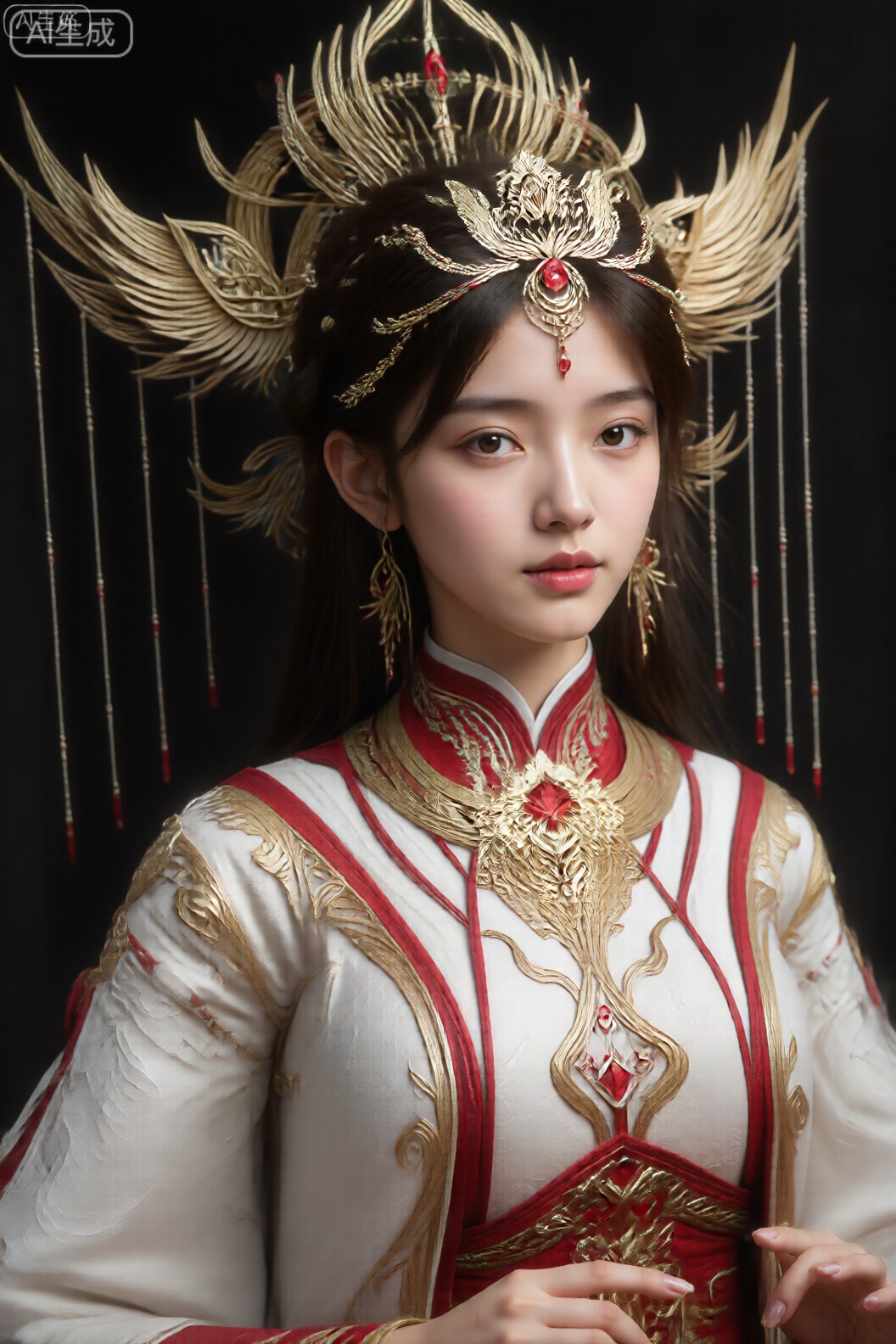 该图像描绘了一个穿着精致服装、细节复杂的人物。头饰华丽,有金色和红色元素,包括羽毛和悬挂的珠子。人物的黑色长发梳理得整整齐齐,表情安详,嘴唇柔软,呈粉红色。服装以白色为主,带有红色和金色点缀,具有细致的刺绣和类似翅膀和漩涡图案的图案。,使人物和他们的服装脱颖而出。
