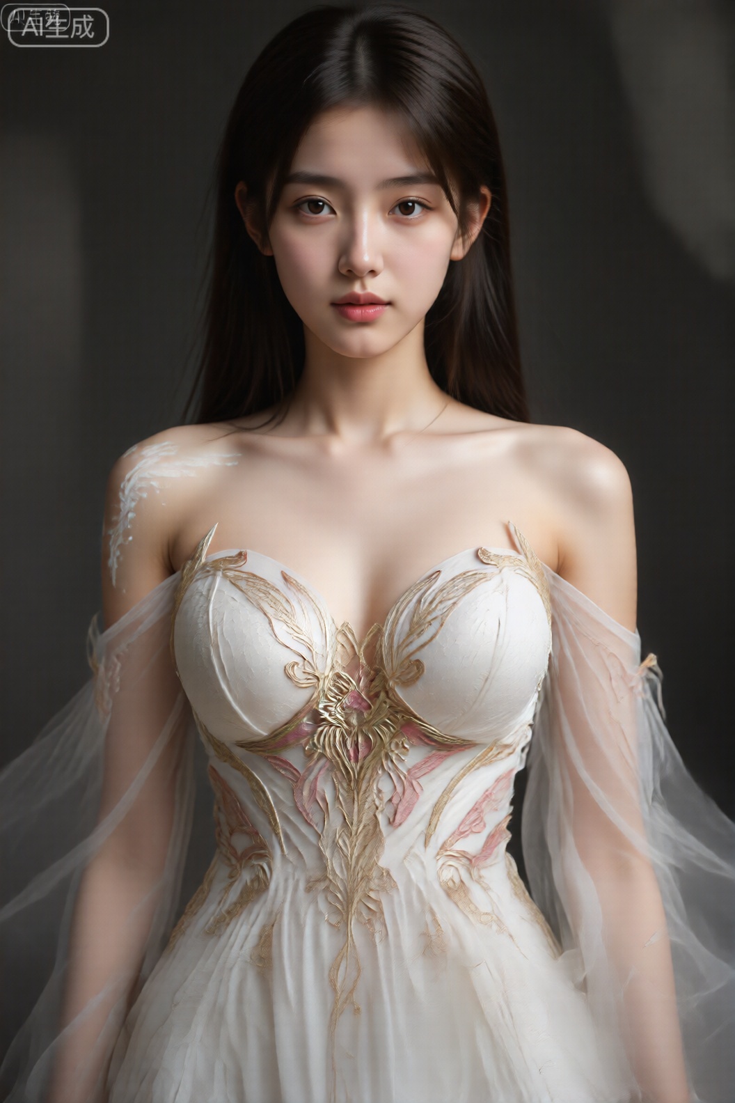 一位年轻女子,她有一头又长又直的黑发,。她穿着一件优雅的露肩白色连衣裙,上面有复杂的金色和粉色刺绣,在紧身胸衣上形成蝴蝶般的设计。这件连衣裙采用透明、飘逸的面料从肩膀和手臂延伸出来,就像翅膀一样。。整体构图细致,视觉冲击力强,重点是华丽的服装和主题的平静表情。
