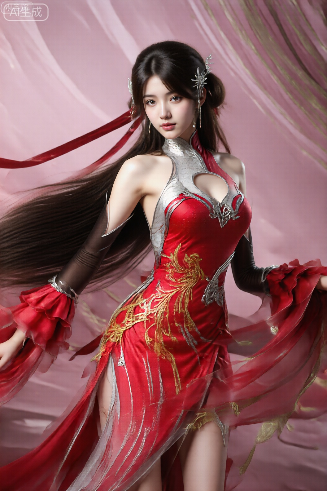 图像中的女性角色有着醒目的头发,扎着高马尾辫。她有一头乌黑的长发,飘逸在身后。她的头发上装饰着银色的花朵发夹。她穿着一件红色连衣裙,上面有复杂的银色和金色图案,侧面还有一只金色的凤凰。这款连衣裙采用带锁孔镂空的高领设计,长长的透明黑色袖子带有银色饰边。背景是柔和的粉红色,带有流动的红色和金色丝带状元素。整体风格优雅、梦幻。