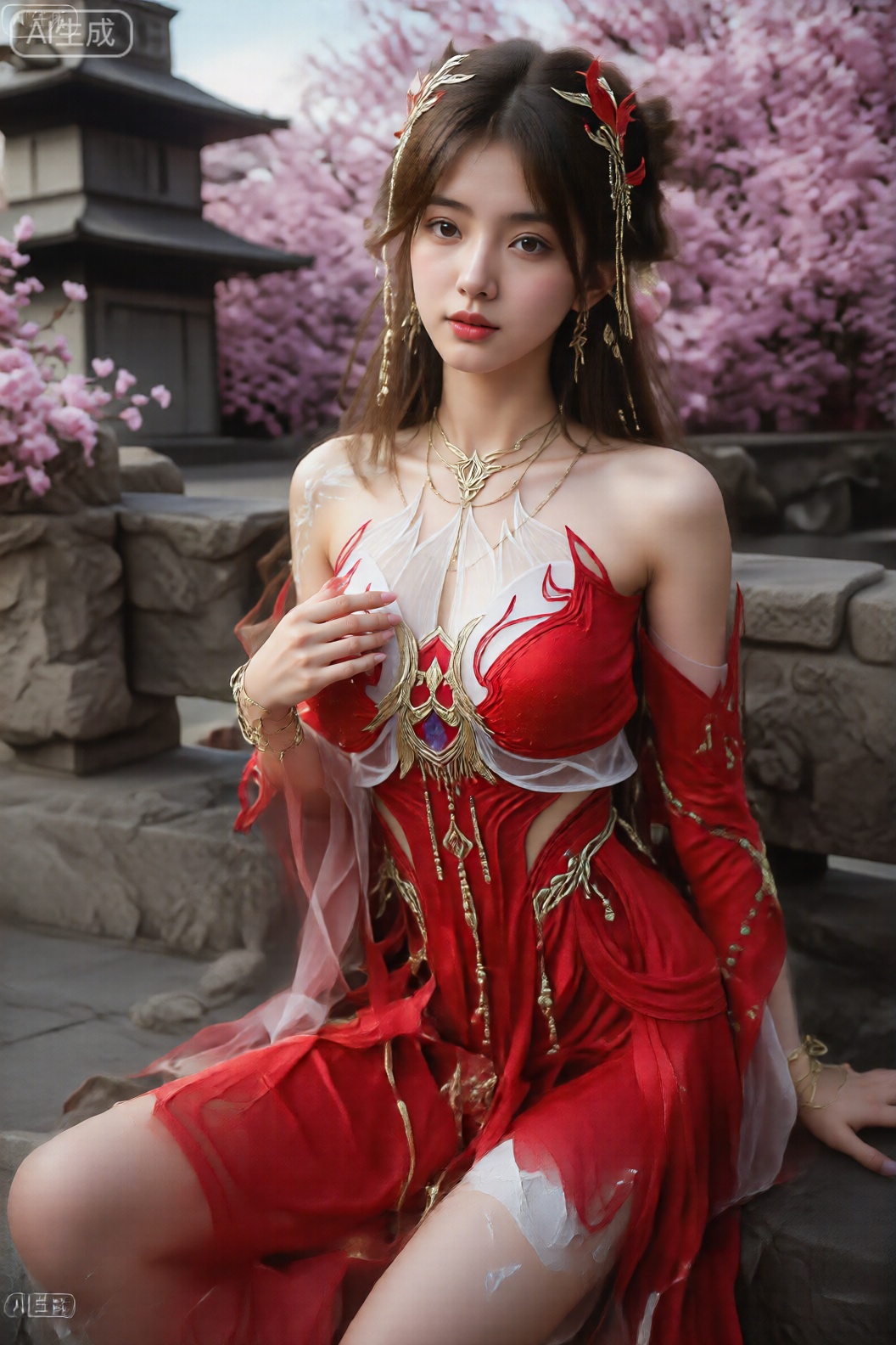 图像中的一位女士穿着精致的奇幻服装。她有一头长长的深色头发,盘起精致的发髻,并饰有精致的金色和红色花卉配饰。她的妆容一丝不苟,色调柔和自然,搭配大胆的红色唇膏。她穿着一件醒目的红白相间的深领连衣裙,上面点缀着金色和宝石细节。这件连衣裙的袖子飘逸透明,上面有华丽的图案,肩上挂着装饰链。她的左手腕上还戴着一条金项链和几个手镯。背景是传统的日式建筑和盛开的粉红色樱花树,营造出如诗如画的宁静氛围。