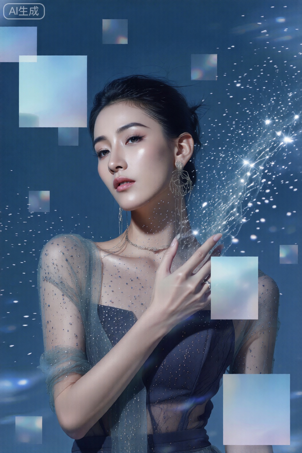女性,数字艺术,超现实照片合成作品,搭配发光粒子与渐变方块