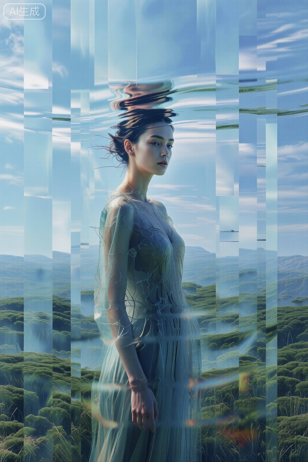 女性,数字艺术,超现实照片合成作品。,几何扭曲、半透层叠技法营造悠远意境