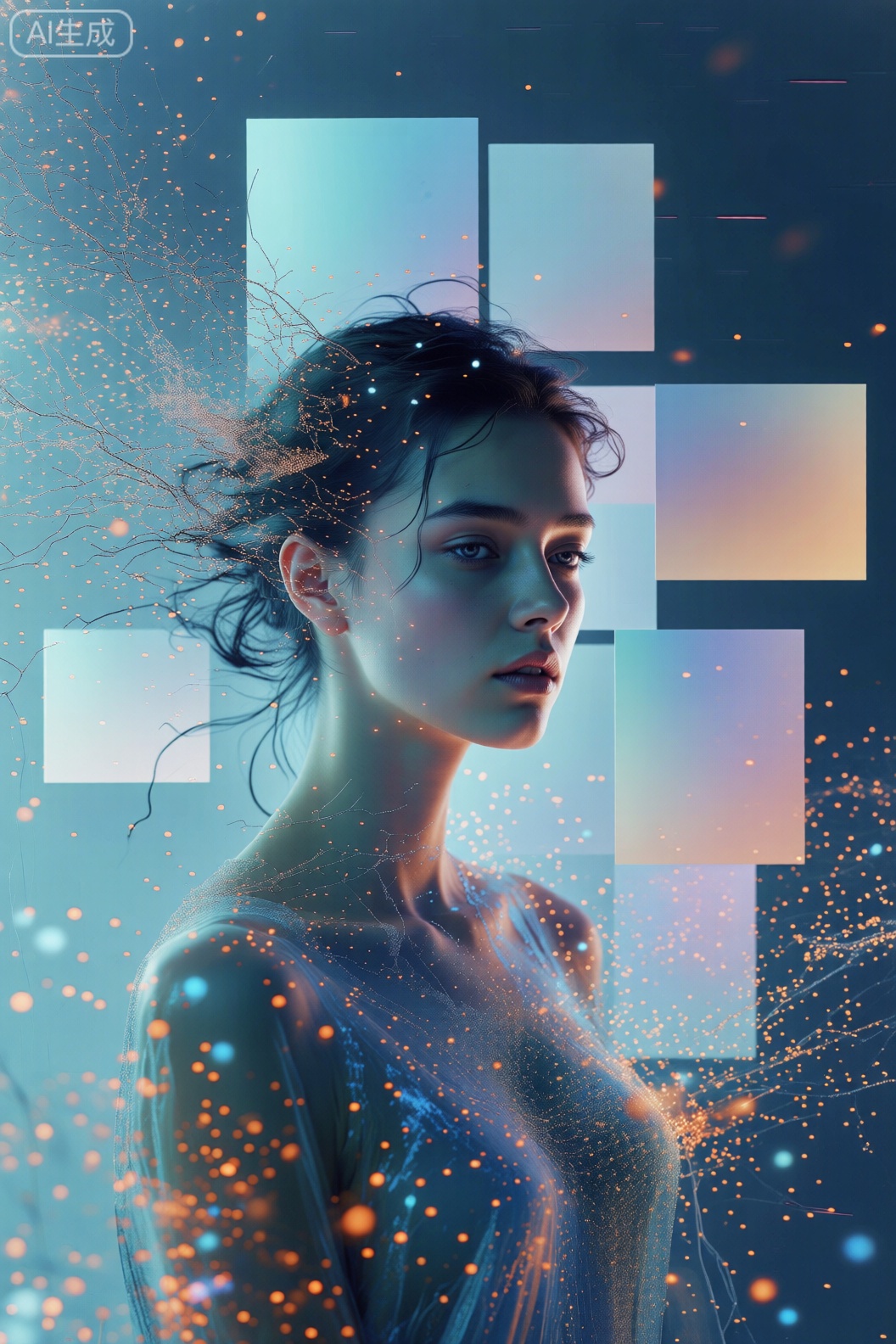 女性,数字艺术,超现实照片合成作品,搭配发光粒子与渐变方块
