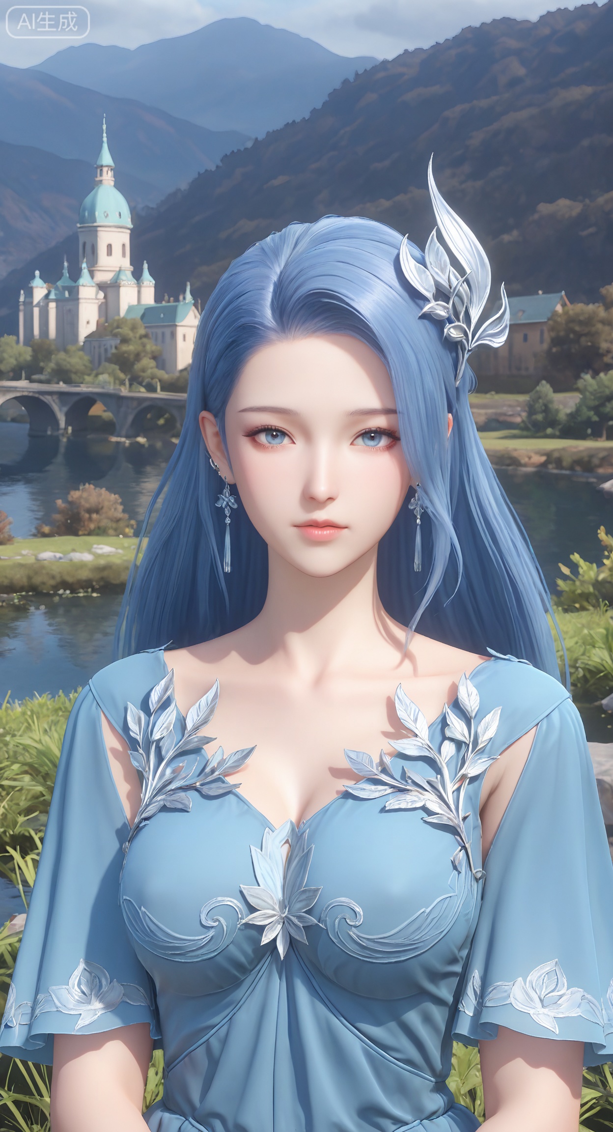 1girl, solo, long hair, breasts, looking at viewer, blue eyes, hair ornament, dress, jewelry, blue hair, upper body, earrings, blue dress,room background,
3d \(artwork\),Masterpiece, best quality, amazing quality, newest, very aesthetic, absurdres, (scenery:1.4), 8k, good anatomy, good shading, ultra detailed, refined details, high resolution, HD, masterwork,high detail ,Exquisite beauty, charming, 3D rendering,illustration,CG,
