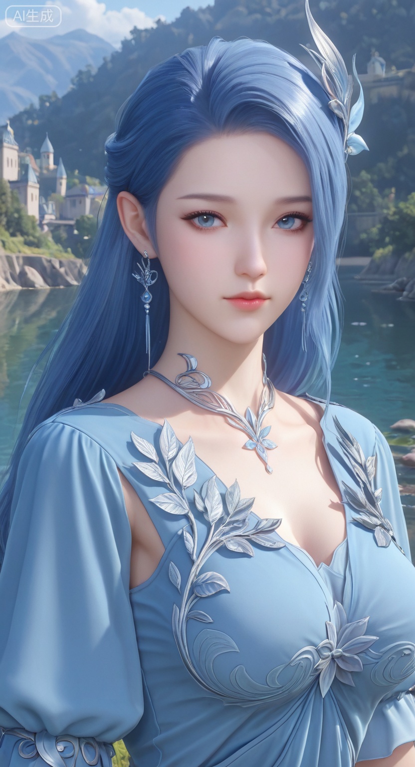 1girl, solo, long hair, breasts, looking at viewer, blue eyes, hair ornament, dress, jewelry, blue hair, upper body, earrings, blue dress,realistic
3d \(artwork\),Masterpiece, best quality, amazing quality, newest, very aesthetic, absurdres, (scenery:1.4), 8k, good anatomy, good shading, ultra detailed, refined details, high resolution, HD, masterwork,high detail ,Exquisite beauty, charming, 3D rendering,illustration,CG,