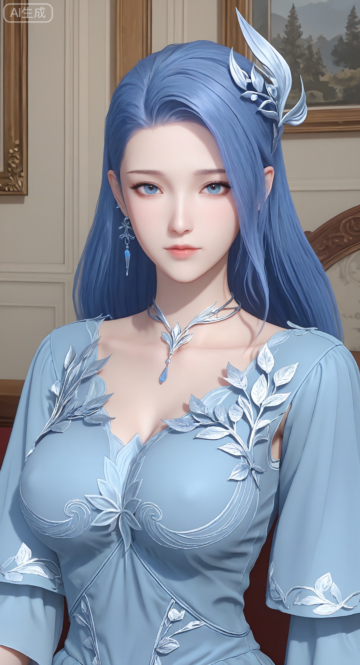 1girl, solo, long hair, breasts, looking at viewer, blue eyes, hair ornament, dress, jewelry, blue hair, upper body, earrings, blue dress,room background,
3d \(artwork\),Masterpiece, best quality, amazing quality, newest, very aesthetic, absurdres, 8k, good anatomy, good shading, ultra detailed, refined details, high resolution, HD, masterwork,high detail ,Exquisite beauty, 3D rendering,illustration,CG,