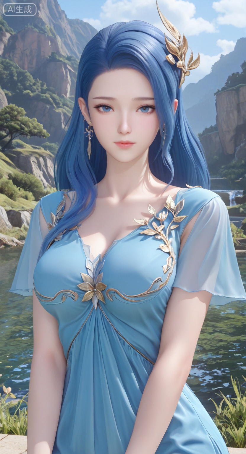 1girl, solo, long hair, breasts, looking at viewer, blue eyes, hair ornament, dress, jewelry, blue hair, upper body, earrings, blue dress,
3d \(artwork\),Masterpiece, best quality, amazing quality, newest, very aesthetic, absurdres, (scenery:1.4), 8k, good anatomy, good shading, ultra detailed, refined details, high resolution, HD, masterwork,high detail ,Exquisite beauty, charming, 3D rendering,illustration,CG,