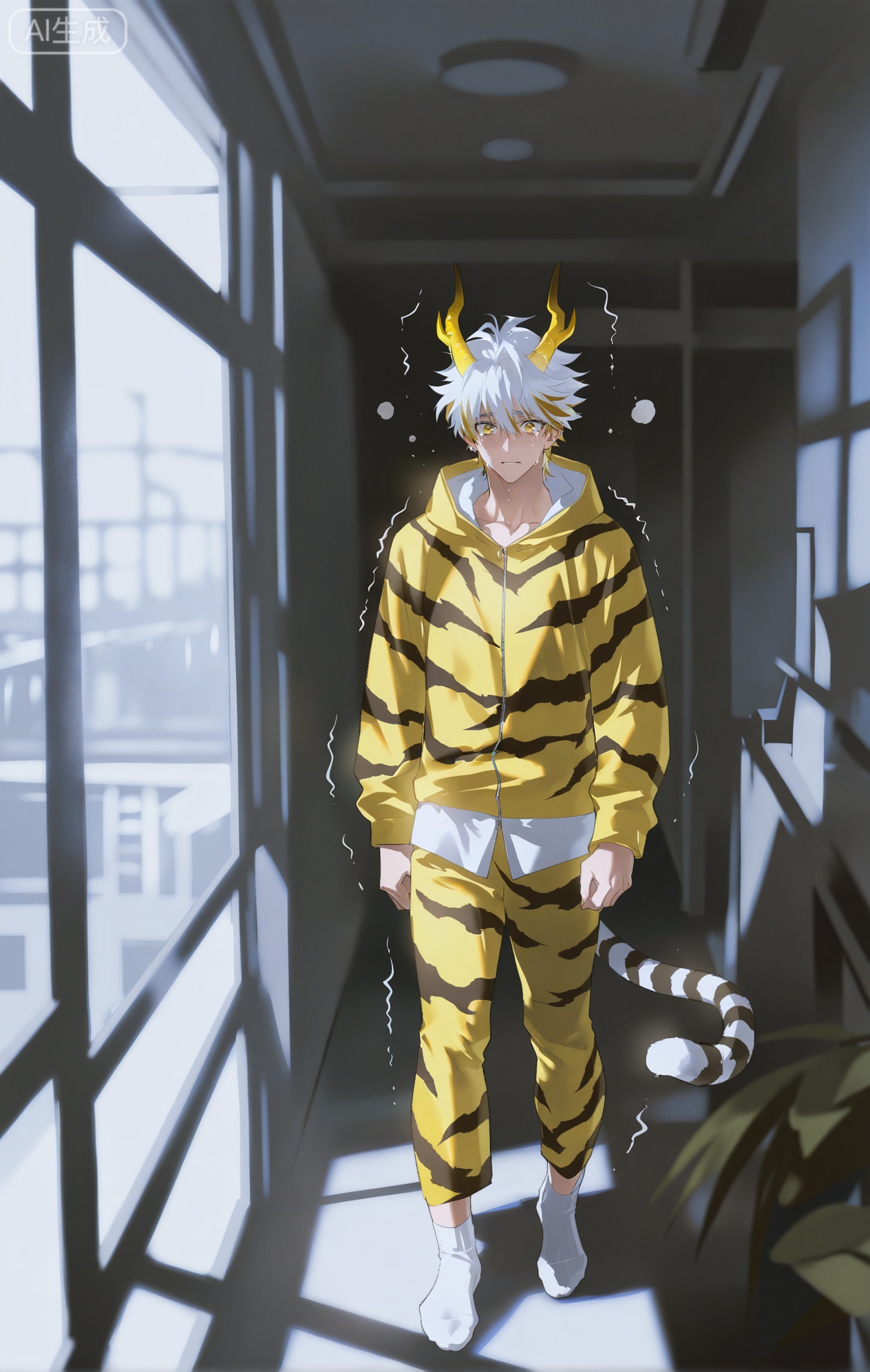Small note art style,,xiaozhitiao,yu xuan,multicolored hair,White dragon tail,White dragon horns,yellow eyes,white hair,blonde hair,1boy,bangs
,socks,white socks

(artist:mazjojo:0.53),(artist:pigeon666:0.37),(artist:zawar379:0.57),(artist:remsrar:0.35),(artist:yoneyama mai:0.64),(yokoyari mengo:0.6),masterpiece,best quality,highres,absurdres,extremely detailed,amazing quality,very aesthetic,ultra - detailed,scenery,depth of field,volumetric lighting,high definition,detailed eyes,detailed beautiful face and eyes,best aesthetic,good colors,bright skin,lots of details,1boy,male focus,frightened,crying,yellow tiger pajamas #Yellow Tiger Stripe Pajamas,hood in the shape of a tiger's head,black stripes on the yellow body,ears and a small tail at the back,tear - stained face,scared expression,shaking slightly,standing in the middle of a living room, toys scattered around, the TV on but the boy not paying attention,cel - shading,anime style,ultra HD,8k