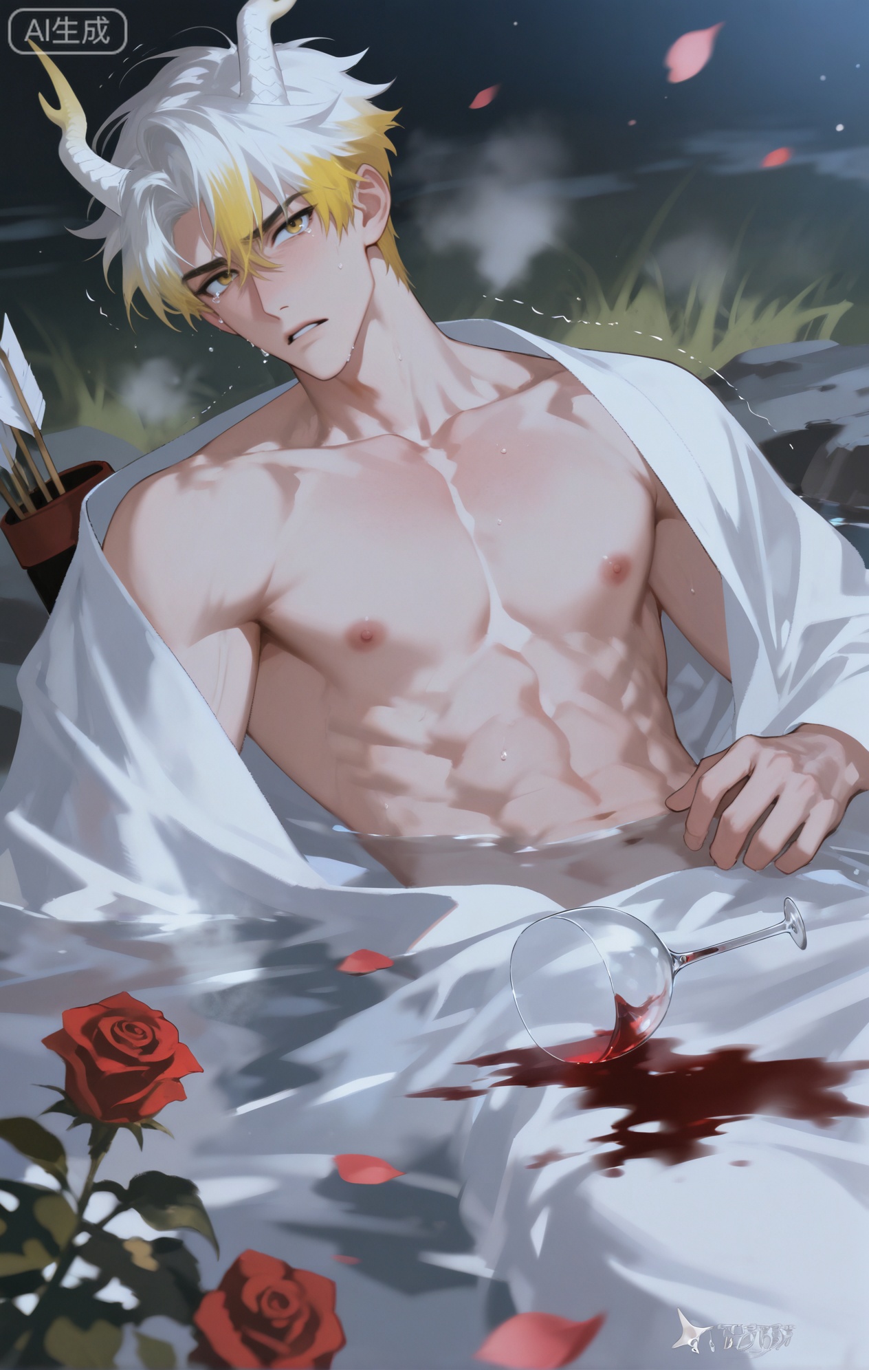 Small note art style,,xiaozhitiao,yu xuan,multicolored hair,White dragon tail,White dragon horns,yellow eyes,white hair,blonde hair,1boy,bangs
,socks,white socks

(artist:mazjojo:0.53),(artist:pigeon666:0.37),(artist:zawar379:0.57),(artist:remsrar:0.35),(artist:yoneyama mai:0.64),(yokoyari mengo:0.6),1boy,male - focus,upper - body - nude,white - ribbon,fluttering,white - robe,hot - spring,steam - rising,roses,numerous,red - roses,petals - scattered,wine - glass,red - wine,spilled,tears,tear - streaked,red - rimmed - eyes,afraid,frightened,expression,bleeding,bleeding - wound,arm - bleeding,chest - scratch,skin - cut,moonlight,night - scene,shadowy,soft - glow,stone - edge,hot - spring - edge,grass,green - grass,ground - cover,vine - wrapped,rose - vines,entwined,fragrance,rose - fragrance,blood - drops,droplets,quivering,shaking,slumped - posture,seated,trembling,hands - shaking,fright - stricken,fear - filled,red - hue,wine - stain,stained - robe,blood - smear,skin - pallor,pale - skin,moist - skin,dewy,mist - covered,hot - spring - mist,tense - muscles,shoulder - tension,jaw - clench,lip - quiver,fright - visible