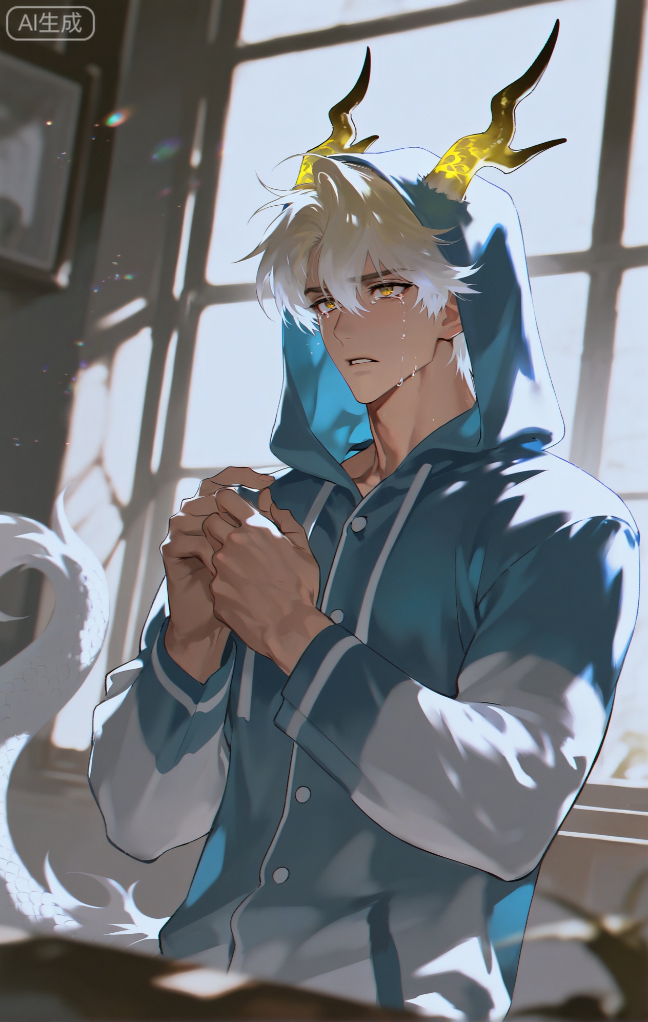 Small note art style,,xiaozhitiao,yu xuan,multicolored hair,White dragon tail,White dragon horns,yellow eyes,white hair,blonde hair,1boy,bangs
,socks,white socks

(artist:mazjojo:0.53),(artist:pigeon666:0.37),(artist:zawar379:0.57),(artist:remsrar:0.35),(artist:yoneyama mai:0.64),(yokoyari mengo:0.6),masterpiece,best quality,highres,absurdres,extremely detailed,amazing quality,very aesthetic,ultra - detailed,scenery,depth of field,volumetric lighting,high definition,detailed eyes,detailed beautiful face and eyes,best aesthetic,good colors,bright skin,lots of details,1boy,male focus,crying,frightened,upper body nude,blue husky hooded pajamas #Blue Husky Kids Pajamas,hood shaped like a husky's head,blue - and - white fur - like pattern,black - rimmed eyes,ears on the hood,tears streaming down cheeks,red - rimmed eyes,quivering lips,holding the front of the pajamas tightly with both hands,slumped shoulders,bedroom setting, dimly lit, a small night - light glowing in the corner,cel - shading,anime style,ultra HD,8k
