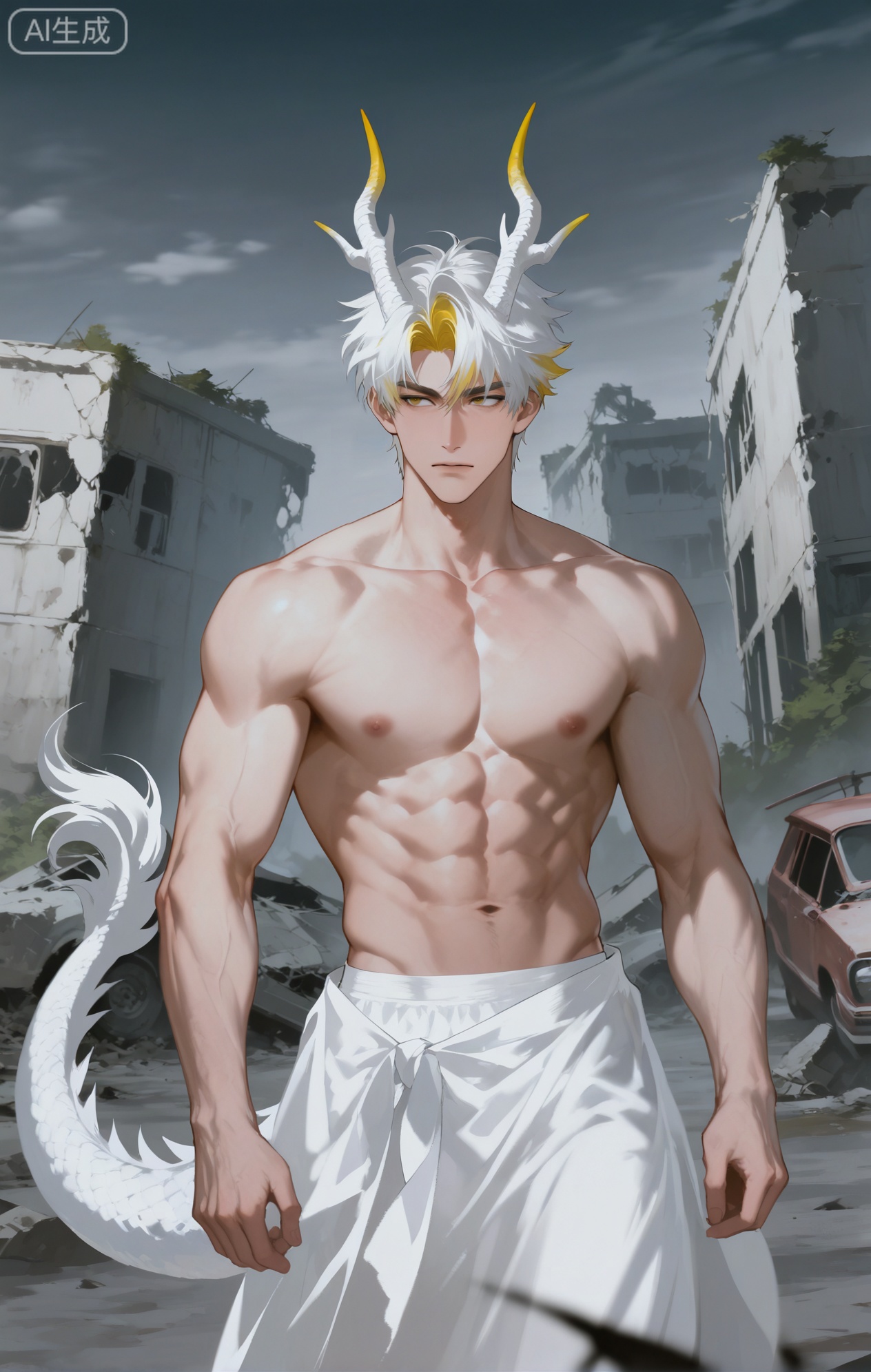 Small note art style,,xiaozhitiao,yu xuan,multicolored hair,White dragon tail,White dragon horns,yellow eyes,white hair,blonde hair,1boy,bangs
,socks,white socks

(artist:mazjojo:0.53),(artist:pigeon666:0.37),(artist:zawar379:0.57),(artist:remsrar:0.35),(artist:yoneyama mai:0.64),(yokoyari mengo:0.6),1boy,male - focus,upper - body - nude,white - ribbon,fluttering,white - robe,ruins,broken - walls,fallen - columns,debris,smoky - atmosphere,ash - covered,surrounded - by,broken - bricks,concrete - chunks,twisted - metal,ray - of - light,shining - through,gloomy - sky,hopeful - expression,holding - a - small,flower - bud,protectively,closed - eyes,tear - in - corner,streak - of - dirt,across - face,grimy - hands,muscular - arms,tensed - muscles,slumped - posture,seated - on,broken - step,ruined - city - landscape,abandoned - vehicles,rusty - cars,abandoned - streets,desolate - scene