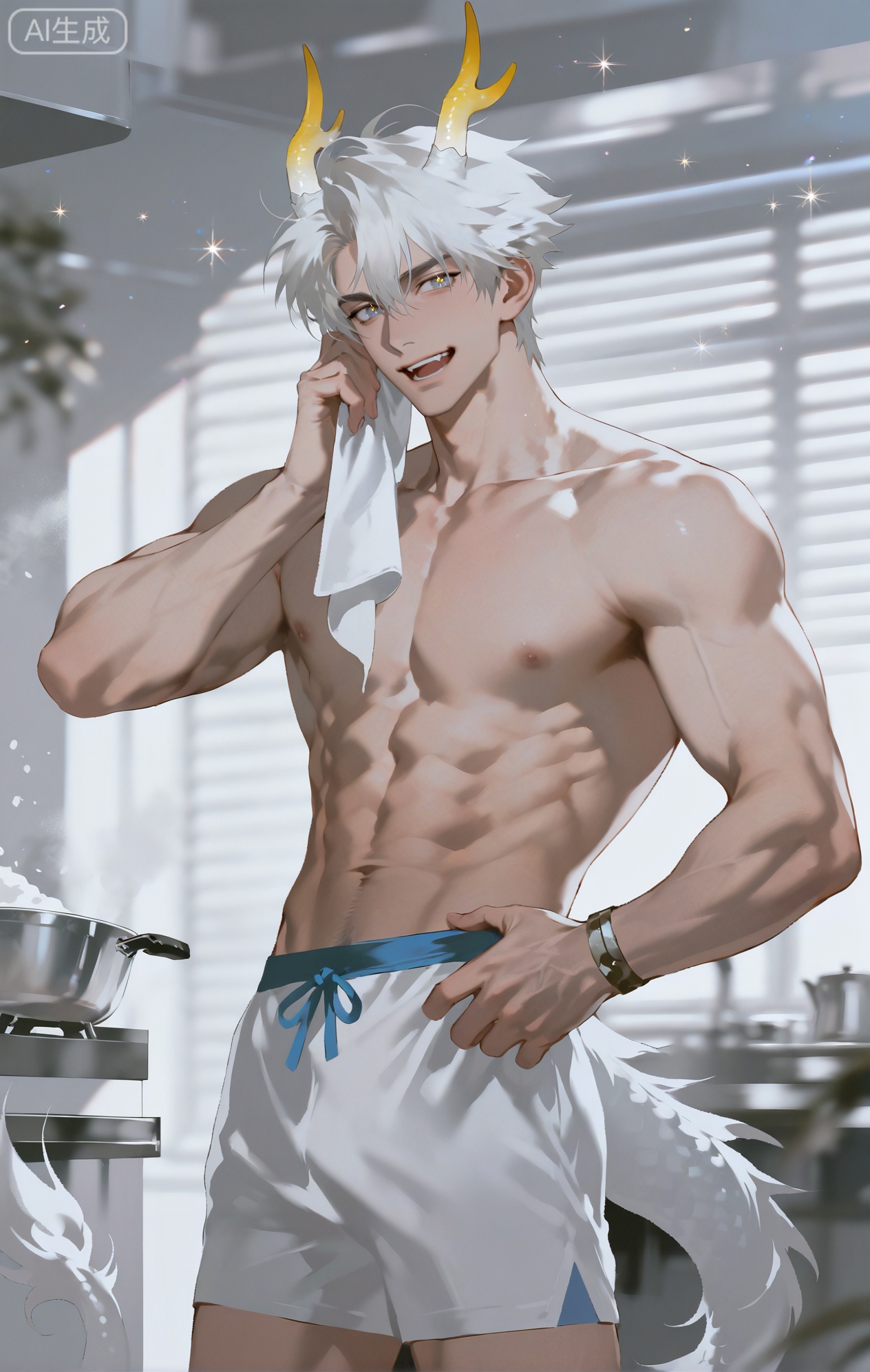 Small note art style,,xiaozhitiao,yu xuan,multicolored hair,White dragon tail,White dragon horns,yellow eyes,white hair,blonde hair,1boy,bangs
,socks,white socks

(artist:mazjojo:0.53), (artist:pigeon666:0.37), (artist:zawar379:0.57), (artist:remsrar:0.35), (artist:yoneyama mai:0.64), colored pencil (medium), rei (sanbonzakura), (yokoyari mengo:0.6), (flat color:1.2) amazing quality, very aesthetic, ultra-detailed, scenery, depth of field, amazing quality, volumetric lighting, detailed eyes, high definition, masterpiece, best quality, very awa, newest, highres, absurdres, year 2024, extremely detailed, highres, detailed beautiful face and eyes,best aesthetic, high resolution, good colors, bright skin, lots of details, BREAK ,1boy, male focus, mature male, shiny skin, toned male, bara, Anime style, 1 young man, (mischievous grin:1.3), (laughing heartily:1.2), (sparkling eyes), in a messy but bright kitchen, (dynamic pose: wiping cream off his face with one hand, holding a whisk in the other), wearing only a **translucent white apron stained with flour and cream** over his bare torso, revealing toned chest and abs, (simple grey cotton shorts), (flour dusting his hair and body), intricate details, vibrant colors, sharp focus, cel-shading, anime key visual, ultra HD, 8k, masterpiece, best quality. 