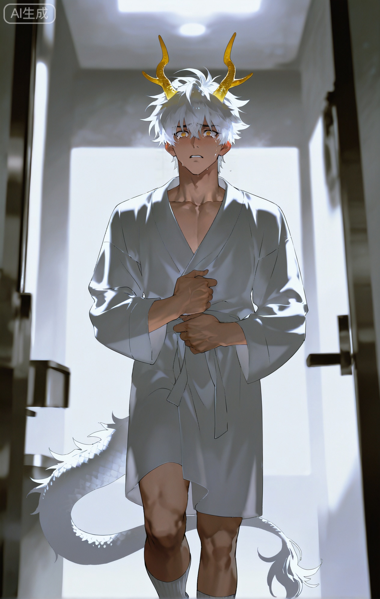 Small note art style,,xiaozhitiao,yu xuan,multicolored hair,White dragon tail,White dragon horns,yellow eyes,white hair,blonde hair,1boy,bangs
,socks,white socks

(artist:mazjojo:0.53),(artist:pigeon666:0.37),(artist:zawar379:0.57),(artist:remsrar:0.35),(artist:yoneyama mai:0.64),(yokoyari mengo:0.6),masterpiece,best quality,highres,absurdres,extremely detailed,amazing quality,very aesthetic,ultra - detailed,scenery,depth of field,volumetric lighting,high definition,detailed eyes,detailed beautiful face and eyes,best aesthetic,good colors,bright skin,lots of details,1boy,male focus,frightened,crying,yellow Winnie - the - Pooh bathrobe,hood with Winnie - the - Pooh's ears and a three - dimensional face pattern,tear - streaked cheeks, scared expression, clutching the sides of the robe, in a bathroom, the shower running but the boy not moving,cel - shading,anime style,ultra HD,8k