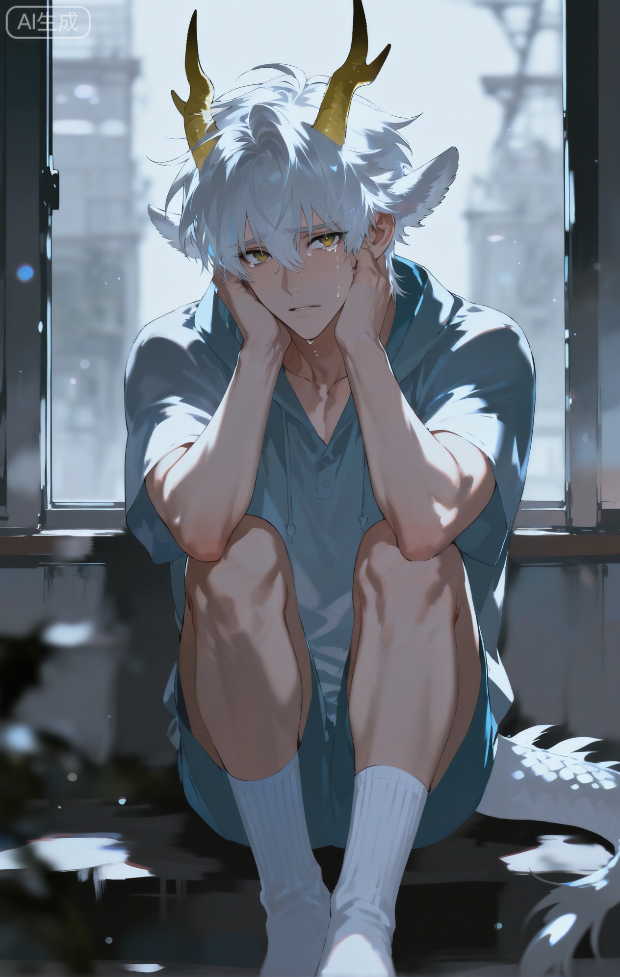 Small note art style,,xiaozhitiao,yu xuan,multicolored hair,White dragon tail,White dragon horns,yellow eyes,white hair,blonde hair,1boy,bangs
,socks,white socks

(artist:mazjojo:0.53),(artist:pigeon666:0.37),(artist:zawar379:0.57),(artist:remsrar:0.35),(artist:yoneyama mai:0.64),(yokoyari mengo:0.6),masterpiece,best quality,highres,absurdres,extremely detailed,amazing quality,very aesthetic,ultra - detailed,scenery,depth of field,volumetric lighting,high definition,detailed eyes,detailed beautiful face and eyes,best aesthetic,good colors,bright skin,lots of details,1boy,male focus,crying,frightened,gray koala pajamas,hood with koala's ears and round face,soft gray fur - like texture,big, sad eyes on the hood, the boy huddled in a corner, knees drawn up to his chest, hands covering his face, a thunderstorm outside with lightning flashing through the window,cel - shading,anime style,ultra HD,8k