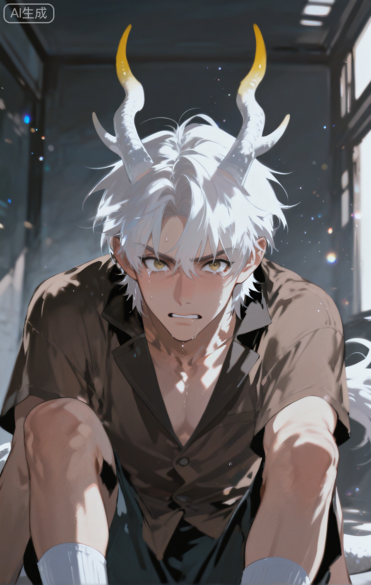 Small note art style,,xiaozhitiao,yu xuan,multicolored hair,White dragon tail,White dragon horns,yellow eyes,white hair,blonde hair,1boy,bangs
,socks,white socks

(artist:mazjojo:0.53),(artist:pigeon666:0.37),(artist:zawar379:0.57),(artist:remsrar:0.35),(artist:yoneyama mai:0.64),(yokoyari mengo:0.6),masterpiece,best quality,highres,absurdres,extremely detailed,amazing quality,very aesthetic,ultra - detailed,scenery,depth of field,volumetric lighting,high definition,detailed eyes,detailed beautiful face and eyes,best aesthetic,good colors,bright skin,lots of details,1boy,male focus,frightened,crying,brown monkey pajamas,hood in the shape of a monkey's head,ear details and hair - like texture,tears making his face wet, looking around nervously, in a dimly lit attic, old boxes and cobwebs around,cel - shading,anime style,ultra HD,8k