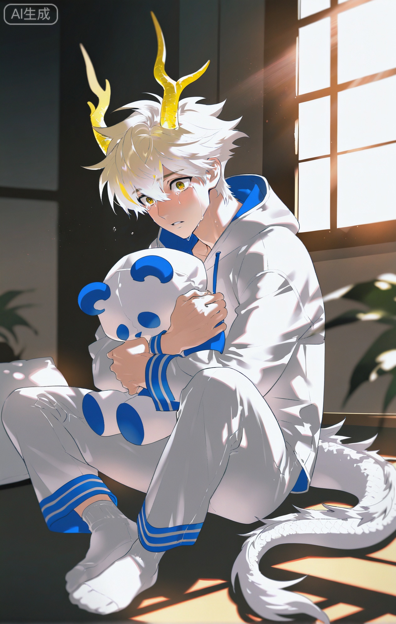Small note art style,,xiaozhitiao,yu xuan,multicolored hair,White dragon tail,White dragon horns,yellow eyes,white hair,blonde hair,1boy,bangs
,socks,white socks

(artist:mazjojo:0.53),(artist:pigeon666:0.37),(artist:zawar379:0.57),(artist:remsrar:0.35),(artist:yoneyama mai:0.64),(yokoyari mengo:0.6),masterpiece,best quality,highres,absurdres,extremely detailed,amazing quality,very aesthetic,ultra - detailed,scenery,depth of field,volumetric lighting,high definition,detailed eyes,detailed beautiful face and eyes,best aesthetic,good colors,bright skin,lots of details,1boy,male focus,crying,frightened,blue - and - white panda pajamas,white body with blue - colored limbs and ears,hood shaped like a panda's head,black - rimmed eyes on the hood, the boy sitting on the floor, hugging a small pillow tightly, a strange noise coming from the closet,cel - shading,anime style,ultra HD,8k