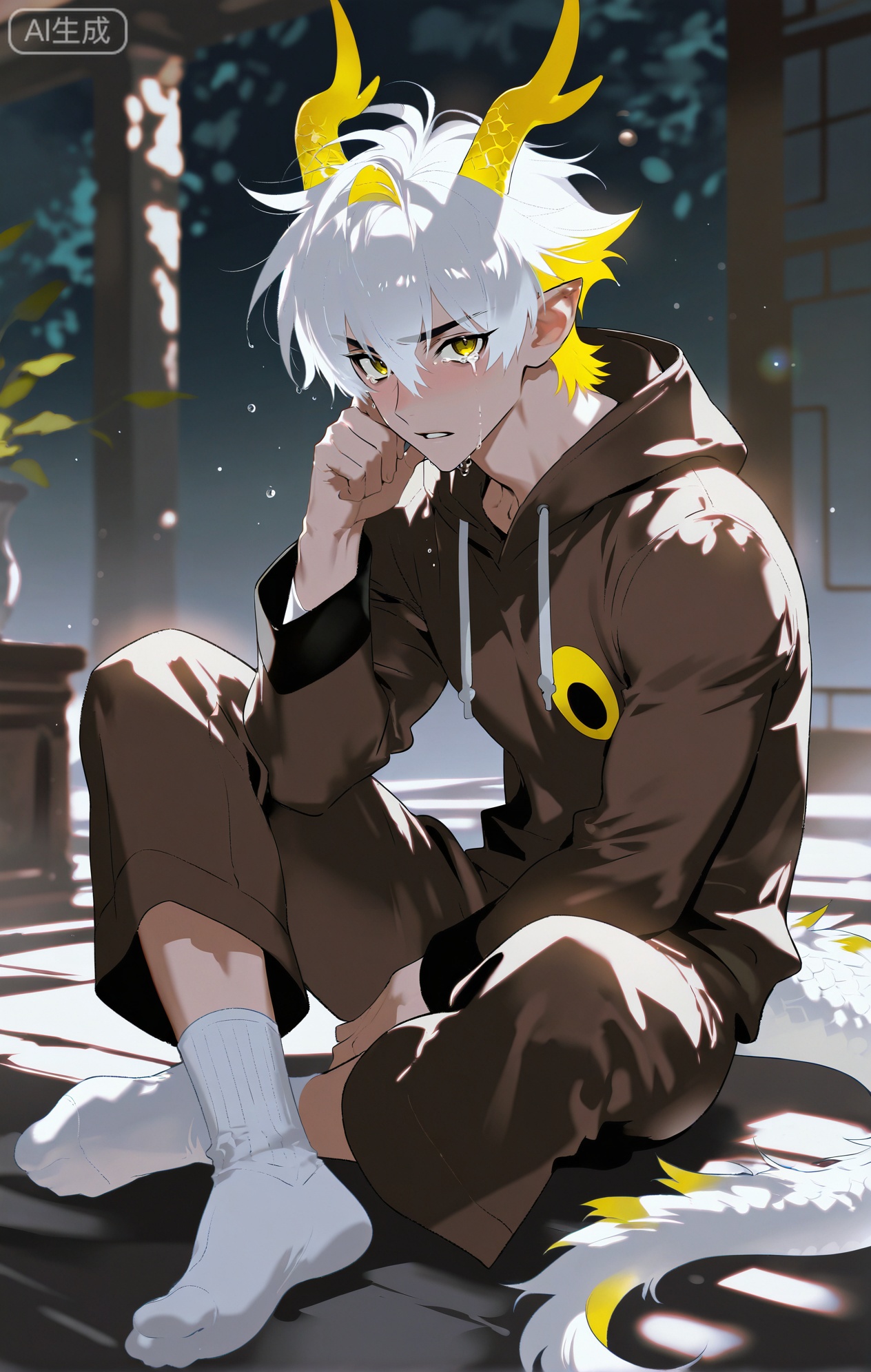 Small note art style,,xiaozhitiao,yu xuan,multicolored hair,White dragon tail,White dragon horns,yellow eyes,white hair,blonde hair,1boy,bangs
,socks,white socks

(artist:mazjojo:0.53),(artist:pigeon666:0.37),(artist:zawar379:0.57),(artist:remsrar:0.35),(artist:yoneyama mai:0.64),(yokoyari mengo:0.6),masterpiece,best quality,highres,absurdres,extremely detailed,amazing quality,very aesthetic,ultra - detailed,scenery,depth of field,volumetric lighting,high definition,detailed eyes,detailed beautiful face and eyes,best aesthetic,good colors,bright skin,lots of details,1boy,male focus,frightened,crying,brown monkey pajamas,hood in the shape of a monkey's head,ear details and hair - like texture,tears making his face wet, looking around nervously, in a dimly lit attic, old boxes and cobwebs around,cel - shading,anime style,ultra HD,8k