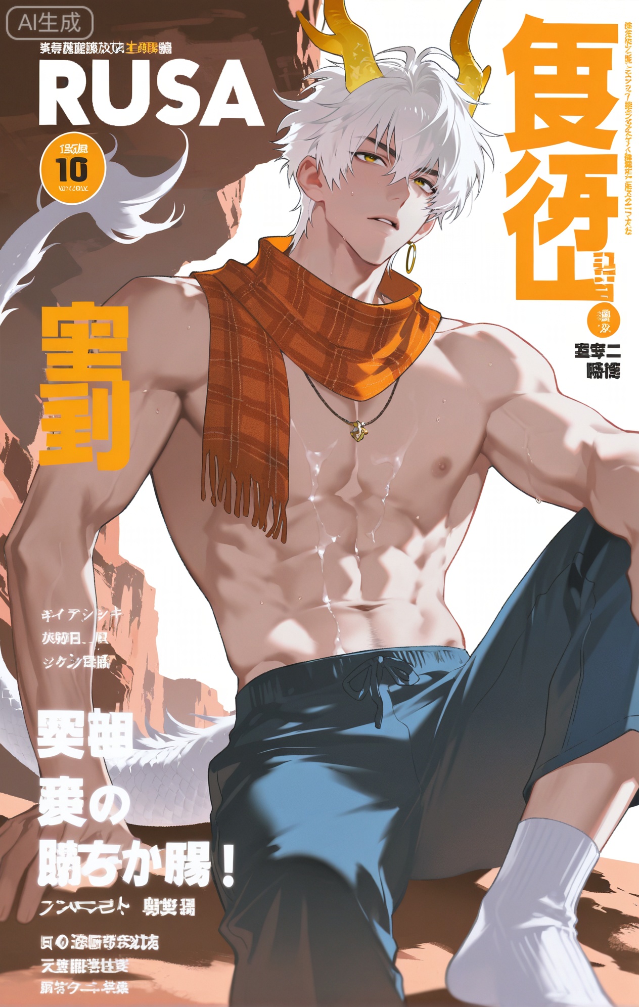 Small note art style,,xiaozhitiao,yu xuan,multicolored hair,White dragon tail,White dragon horns,yellow eyes,white hair,blonde hair,1boy,bangs
,socks,white socks

(artist:mazjojo:0.53),(artist:pigeon666:0.37),(artist:zawar379:0.57),(artist:remsrar:0.35),(artist:yoneyama mai:0.64),(yokoyari mengo:0.6),1boy,male focus,solo,hair between eyes,looking up,parted lips,(suggestive, erotic),topless,wearing only tattered linen pants with a black and gray plaid pattern and a red silk scarf around his neck,sitting in the shadow of a huge, weather - beaten rock,pouring water from an old - fashioned, clay - made waterskin over his face and well - sculpted pectorals,water droplets glistening on his abs,magazine cover,from below,short, tousled hair,alternate costume,single gold - hoop earring,two - tone background of pale pink and dark blue,blurry foreground of dried desert plants,foreshortening,text background,copyright name,cover page,vast desert landscape,harsh sunlight casting long shadows,heat haze giving an otherworldly look,orange and blue sky with a setting sun tinting the edges