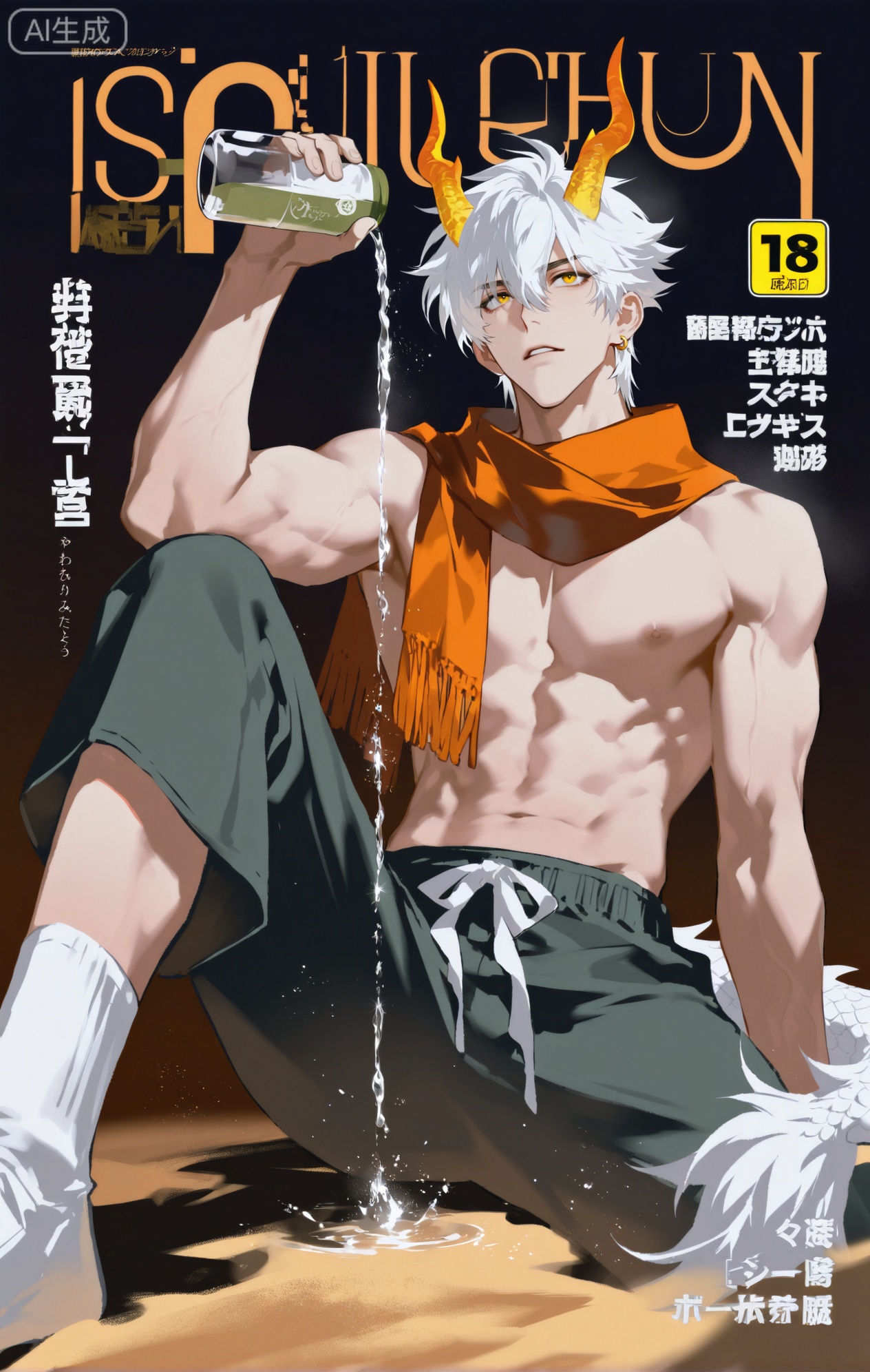 Small note art style,,xiaozhitiao,yu xuan,multicolored hair,White dragon tail,White dragon horns,yellow eyes,white hair,blonde hair,1boy,bangs
,socks,white socks

(artist:mazjojo:0.53),(artist:pigeon666:0.37),(artist:zawar379:0.57),(artist:remsrar:0.35),(artist:yoneyama mai:0.64),(yokoyari mengo:0.6),1boy,male focus,solo,hair between eyes,looking up,parted lips,(suggestive, erotic),topless,wearing only solid - colored, tattered brown linen pants and a red, fringed scarf around his neck,sitting in the shadow of a large, angular rock,pouring water from a goat - skin waterskin over his face and muscular chest,showcasing defined pectorals and abs,magazine cover,from below,short hair with a side - swept style,alternate costume,single gem - studded earring,two - tone background of light green and dark orange,blurry foreground of sand dunes,foreshortening,text background,copyright name,cover page,vast desert landscape,harsh sunlight illuminating the scene,heat haze adding a dreamy quality,orange and blue sky with a crescent moon faintly visible